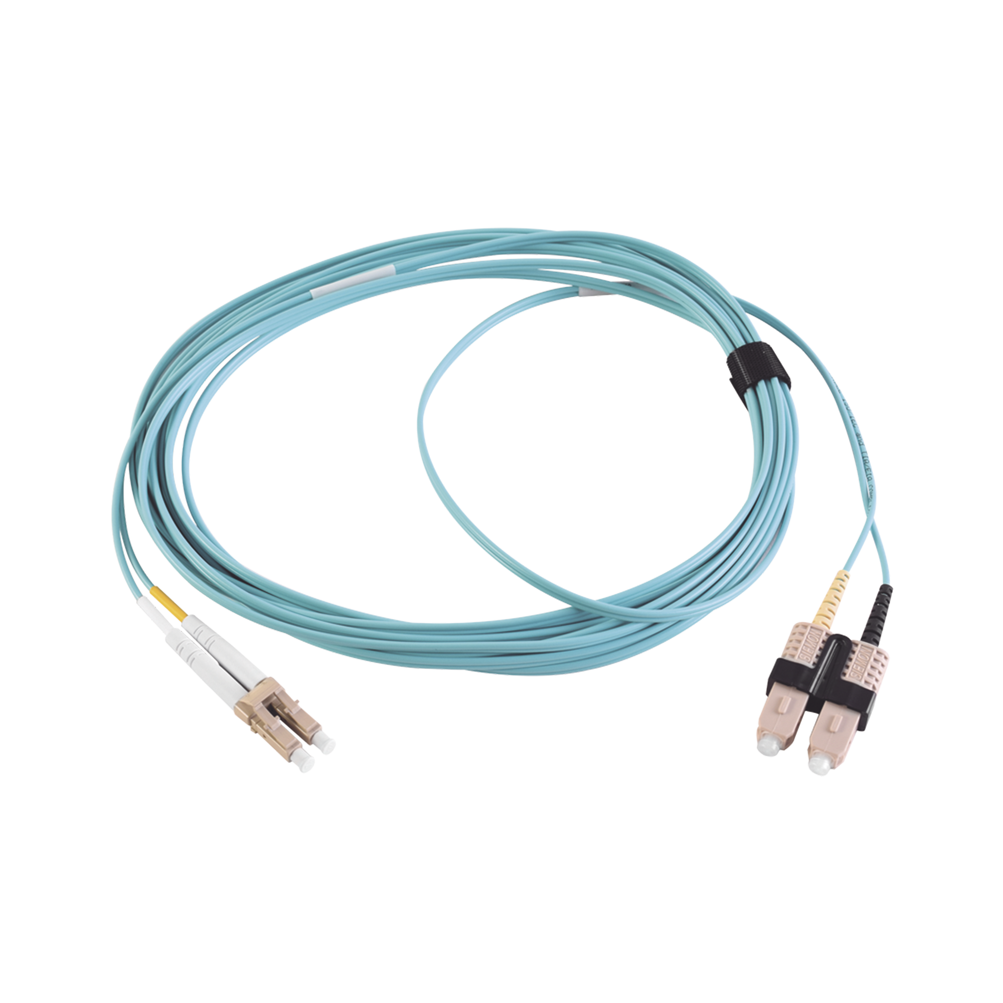 Jumper de Fibra Óptica Multimodo 50/125 XGLO OM3, LC-SC Duplex, OFNR, Color Aqua, 5 Metros