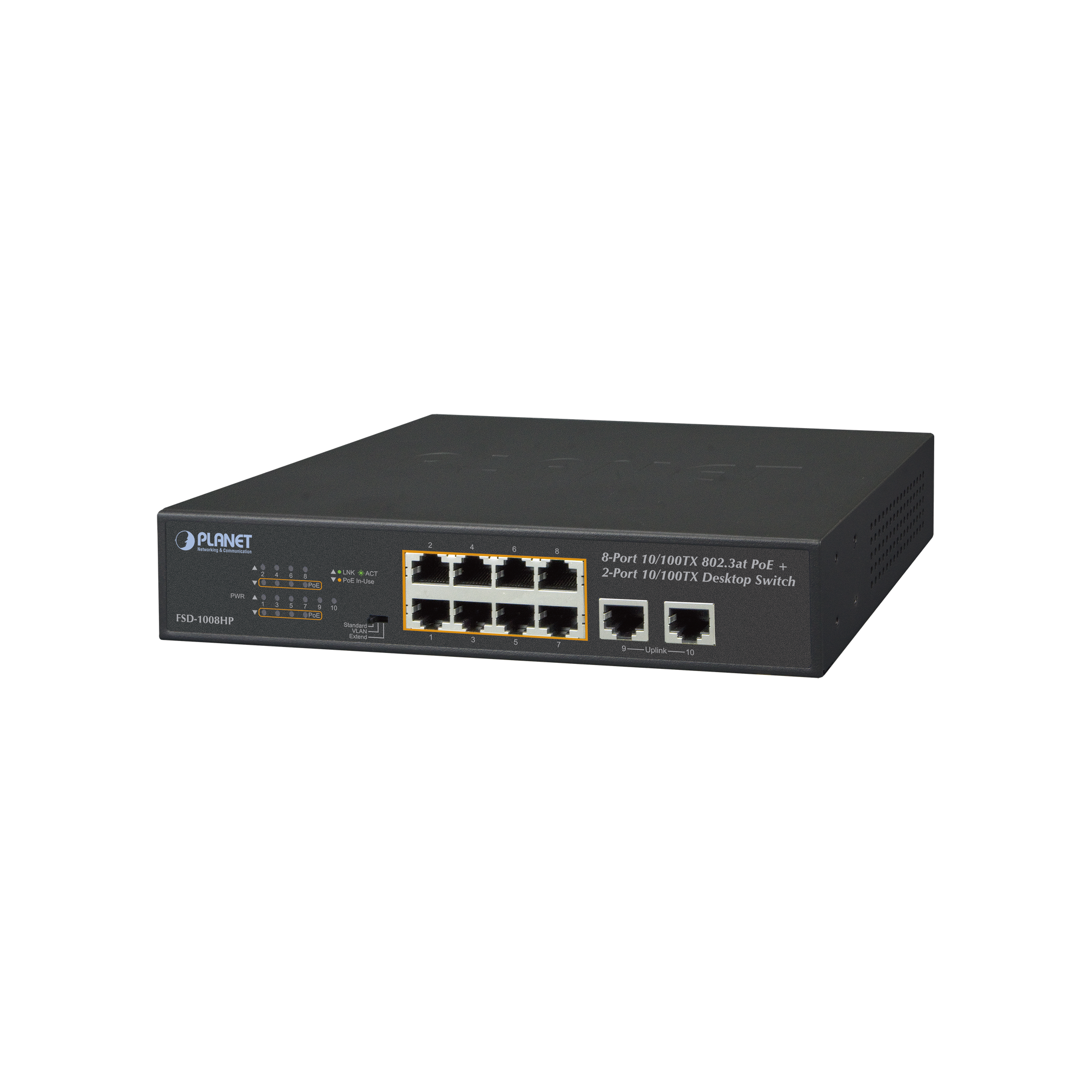 Switch No Administrable, 8 puertos PoE 802.3af/at 30 W, hasta 250 m, 2 puertos Uplink