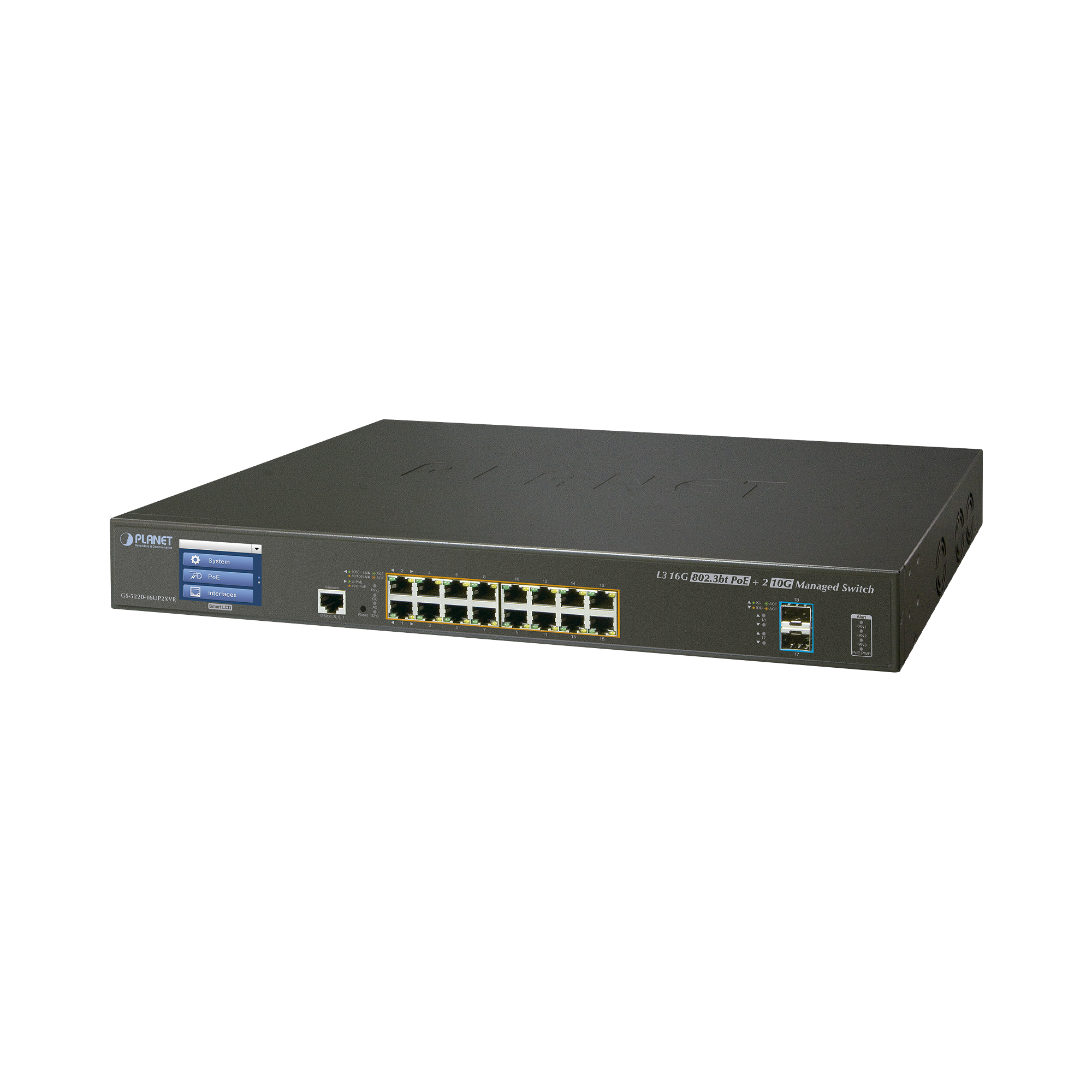 Switch administrable L3 16 puertos gigabit c/PoE 802.3bt, 2 puertos 10G SFP+ con pantalla tactil (400W)