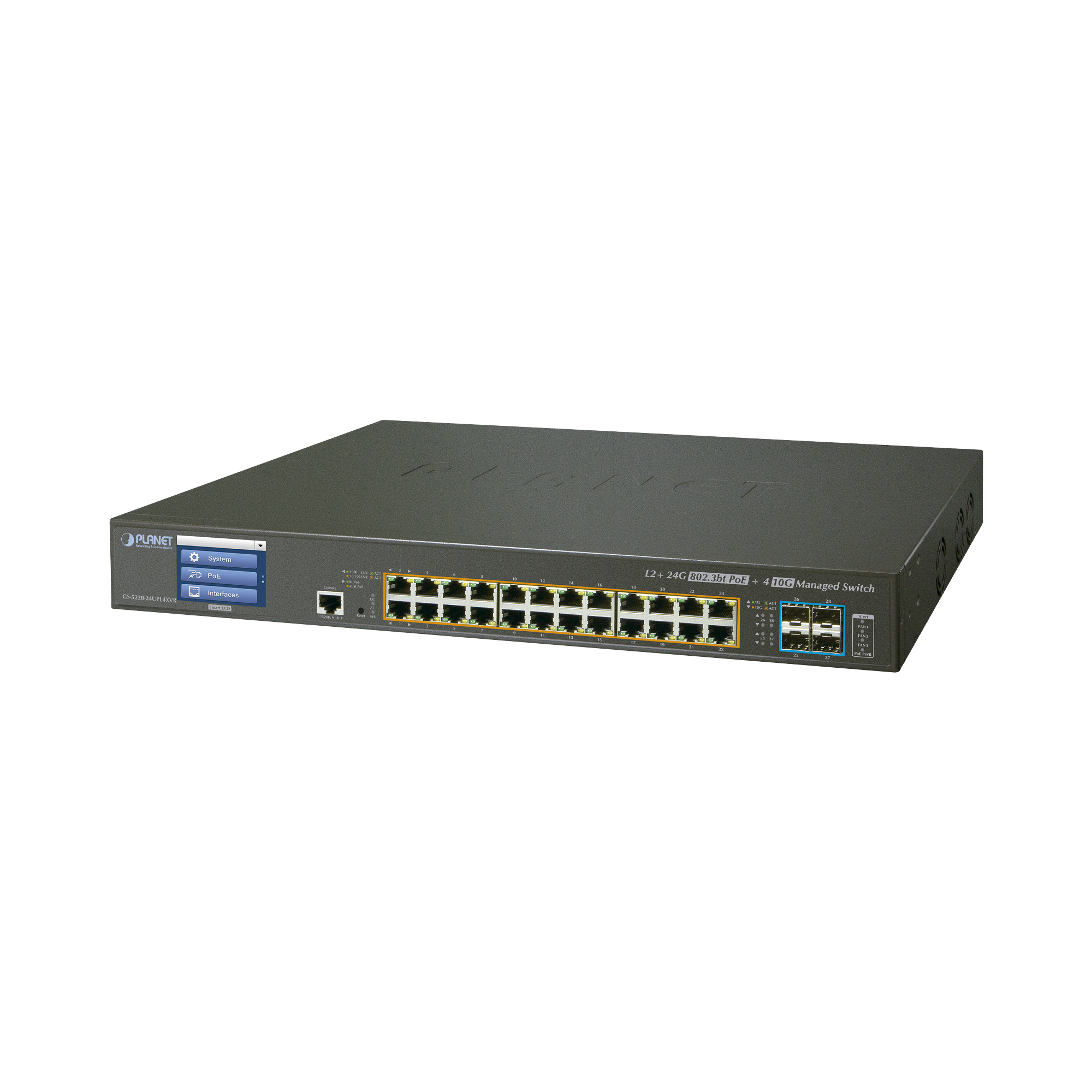 Switch Administrable L2+ 24 puertos gigabit c/ Ultra PoE, 4 puertos 10G SFP, c/Display, (600W)