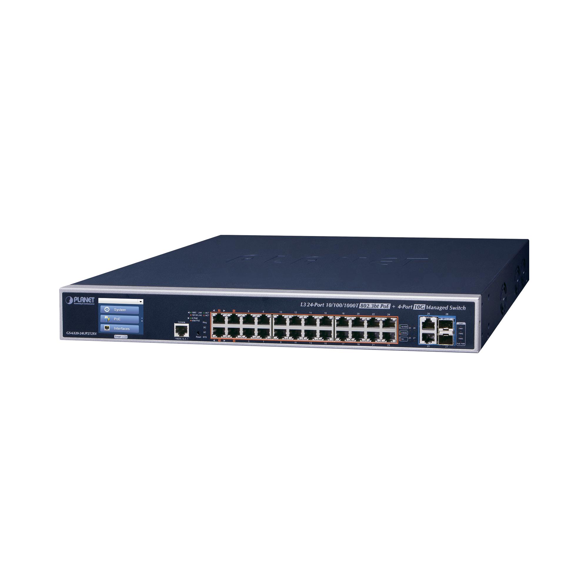 Switch Administrable L3, 24 puertos Gigabit PoE 802.3bt, 2 puertos 10G SFP+, Pantalla Tactil, Fuente Redundante, (600W)