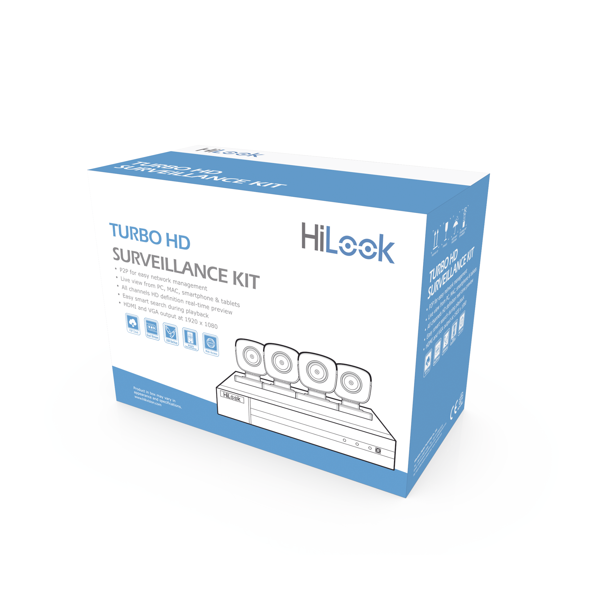 KIT TurboHD 1080p / DVR 8 canales con H.265+ / 4 Cámaras Bala Metálicas / Fuente de Poder / Accesorios de Instalación