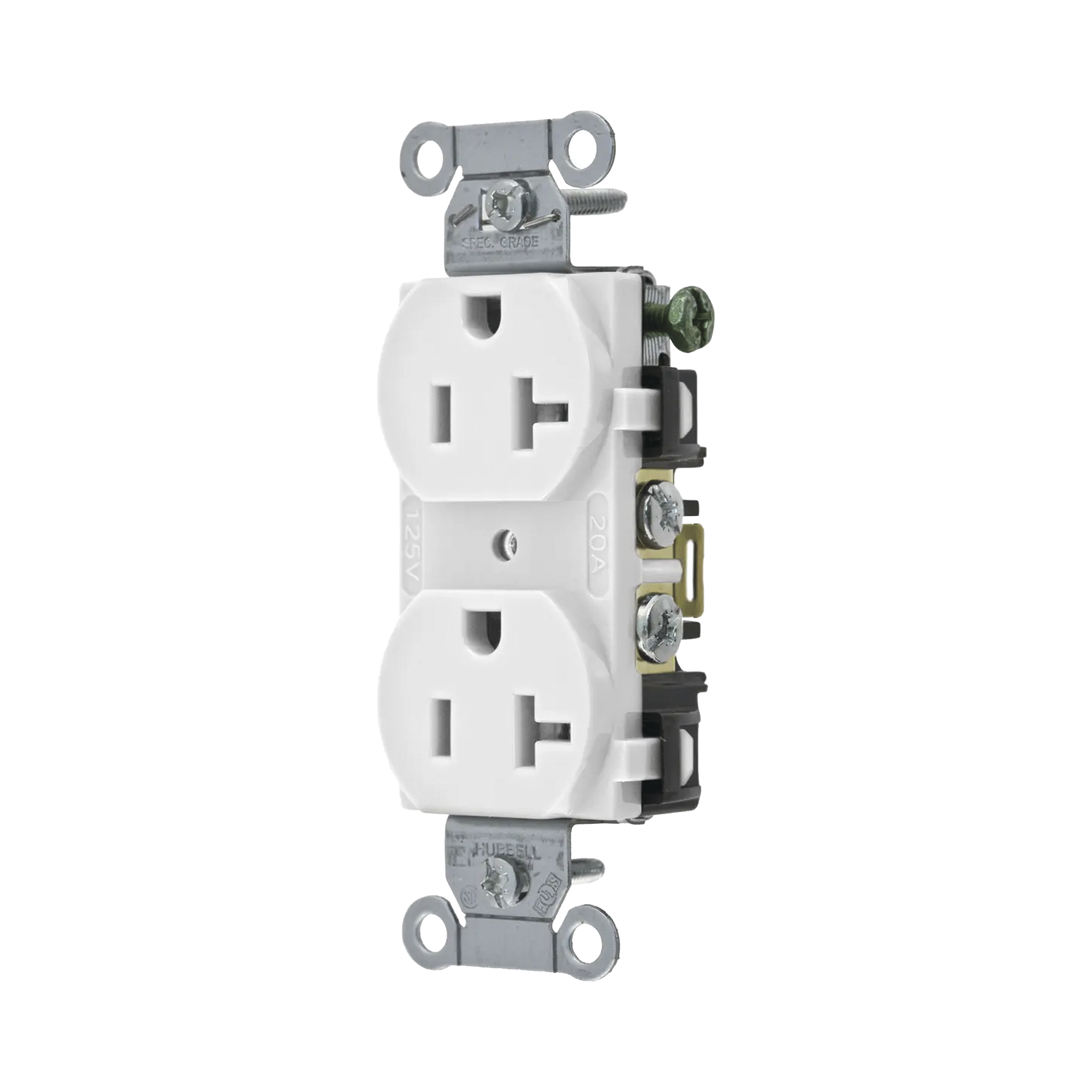 Contacto Dúplex 20 A, 125 V, 2 Polos, 3 Hilos, Cableado Posterior y Lateral, Color Blanco (Nema 5-20R).
