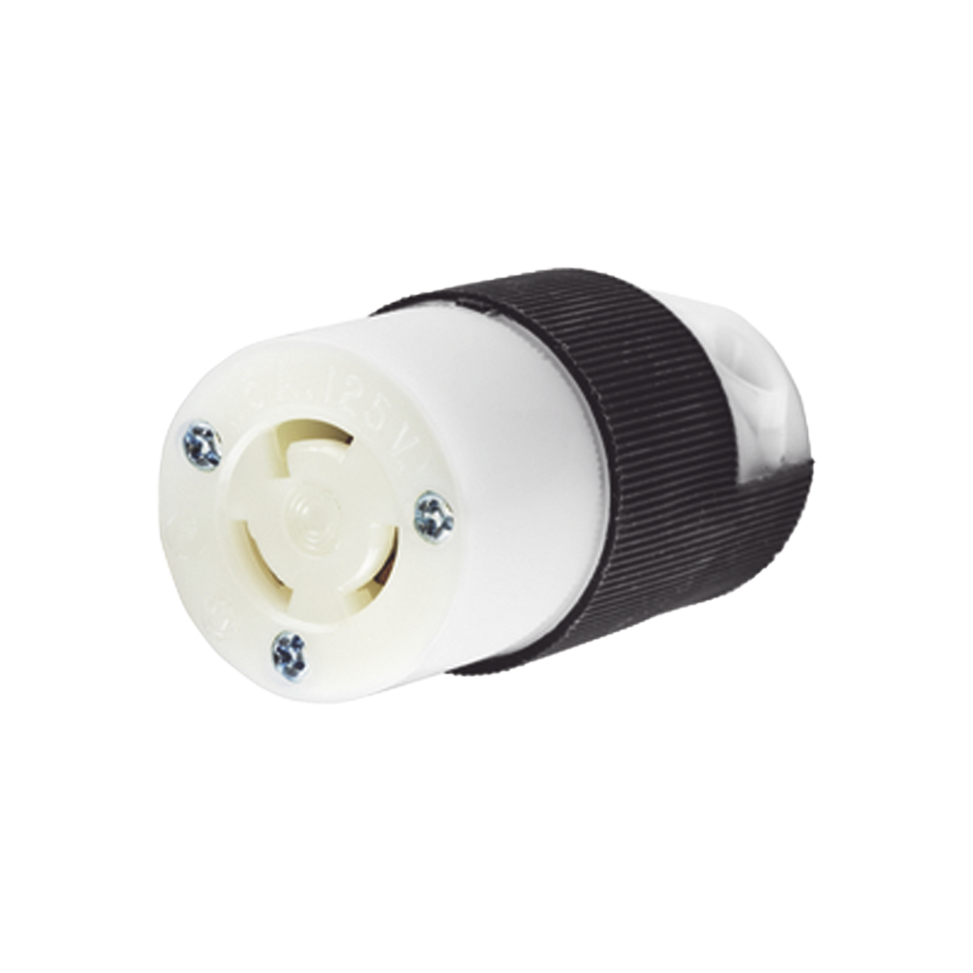 Conector de Media Vuelta, 15 A 125 V AC, 2 Polos, 3 Hilos, Color Blanco y Negro ( Nema L5-15P).