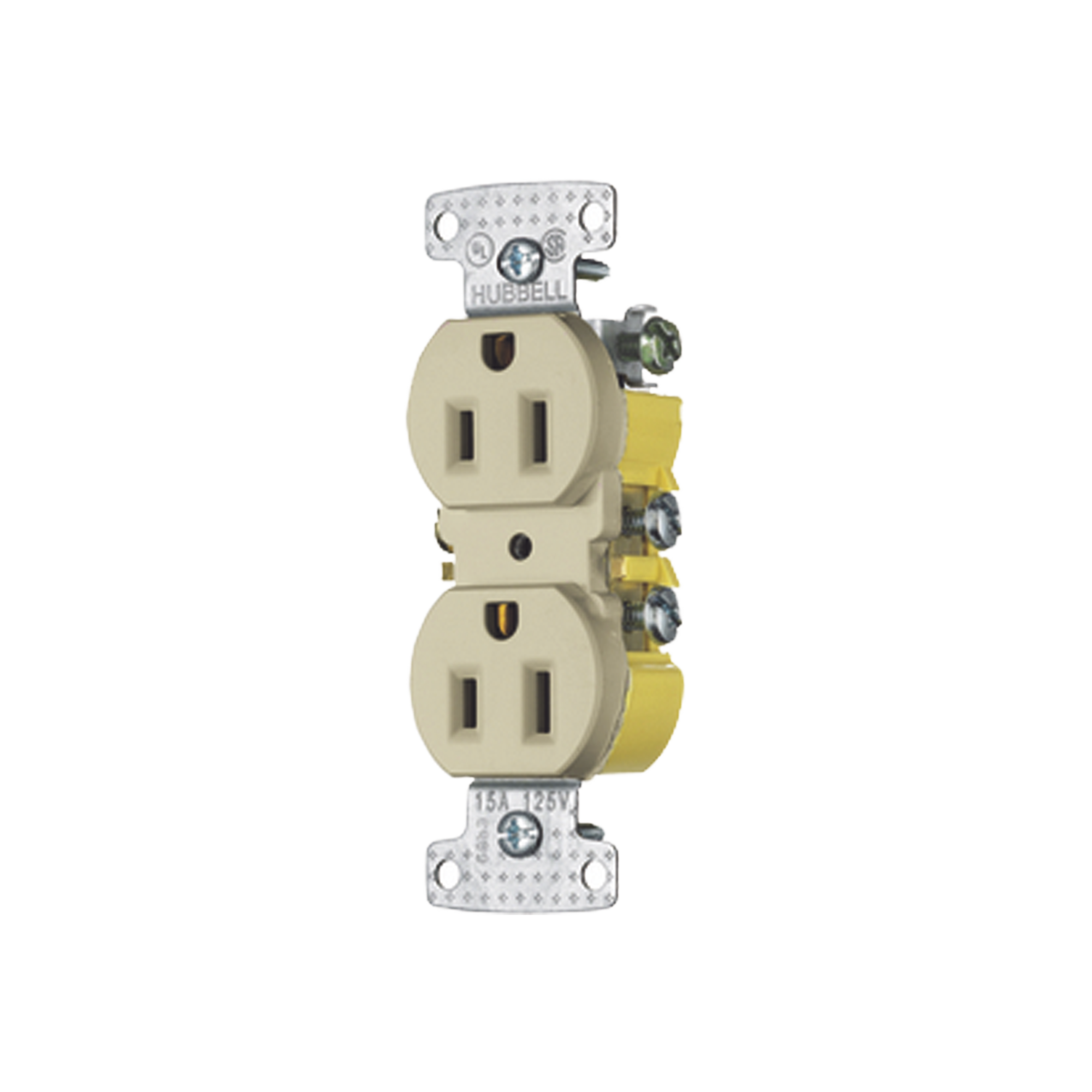 Contacto Duplex, 15A 125V, 5-15R, conexión a tierra de 2 polos y 3 cables, color marfil.