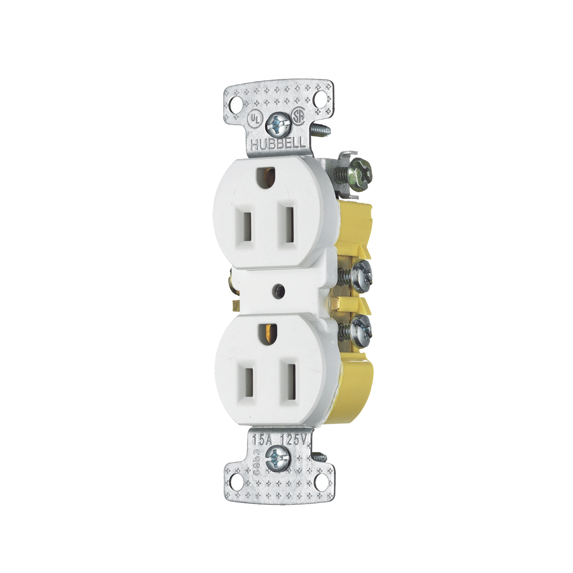 Contacto Duplex, 15A 125V, 5-15R, conexión a tierra de 2 polos y 3 cables, color blanco.