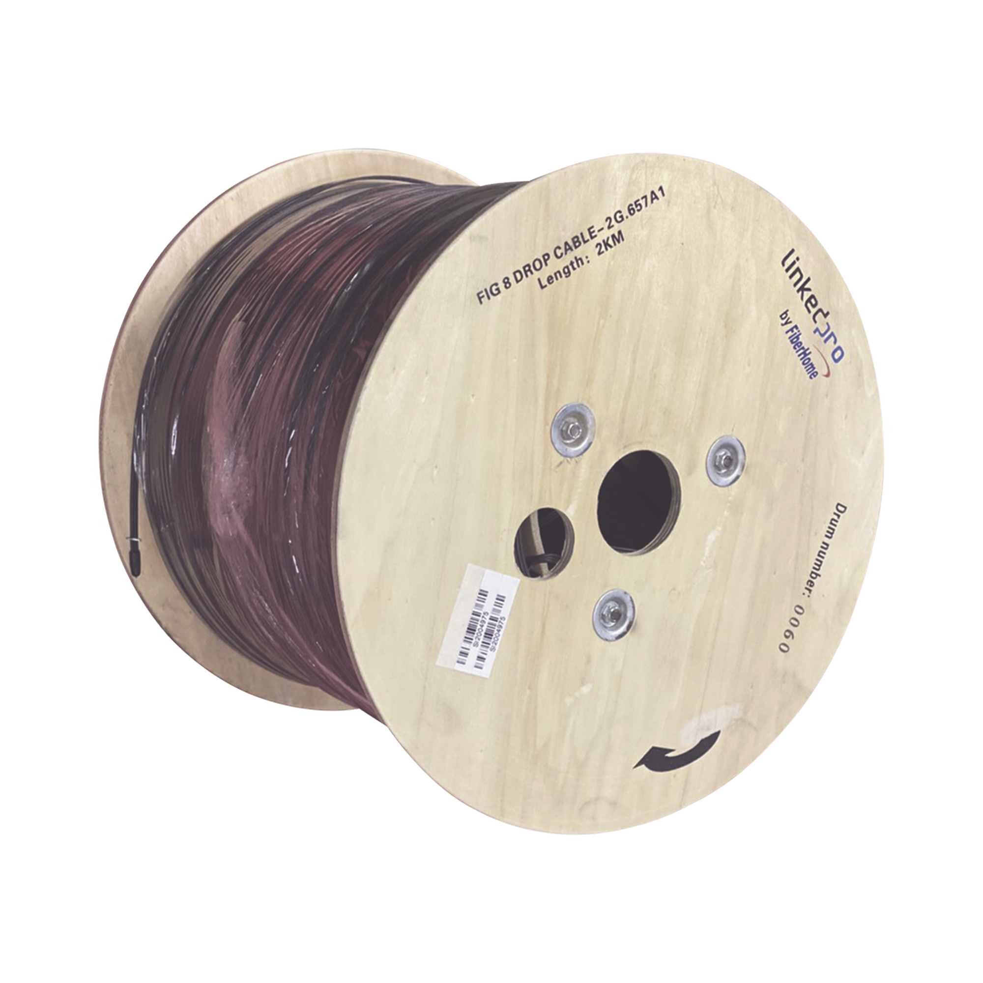 Carrete de 2 km de Fibra Óptica Aérea Mini Figura 8 G.657A1 tipo Drop, Monomodo de 2 Hilos, Color Negro