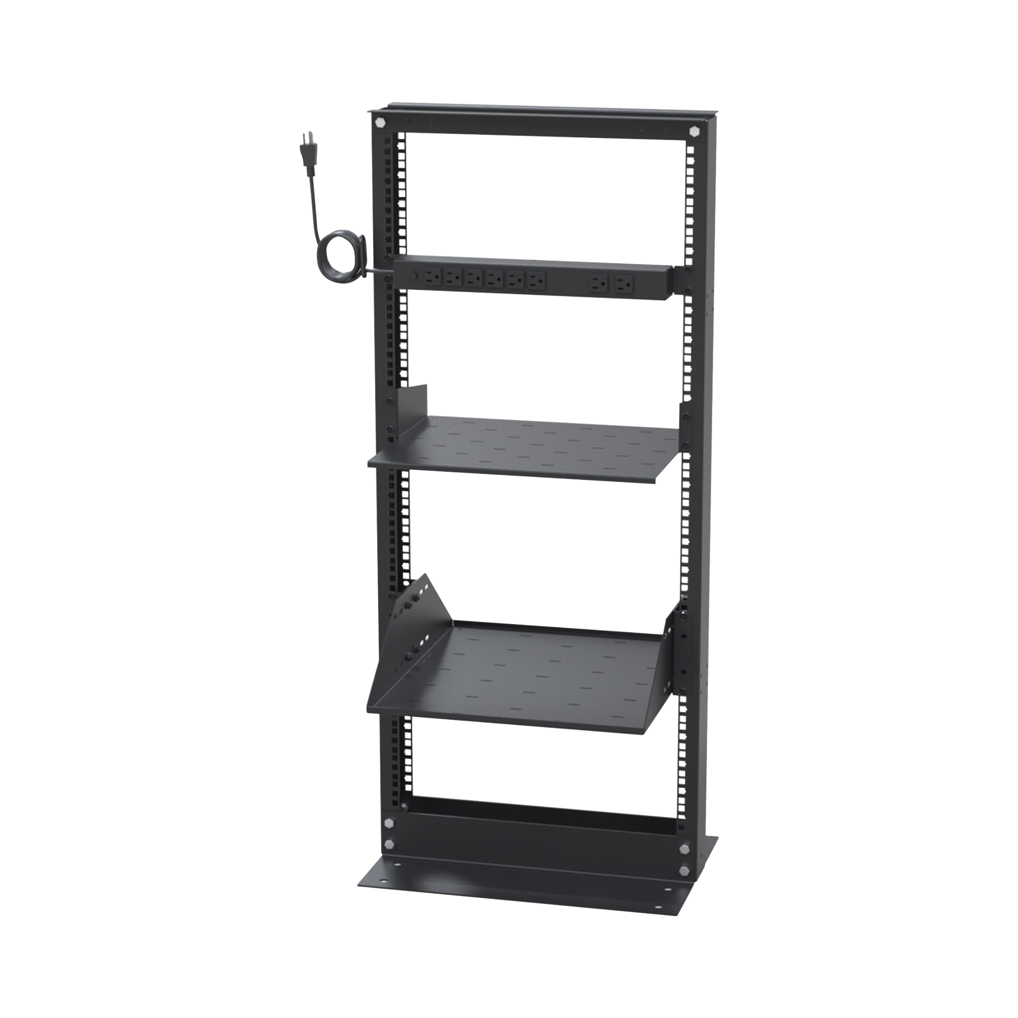 Kit de Rack Estándar 19", 24 UR con 2 Charolas y PDU (8 tomas). Ideal para UPS y Servidores tipo Torre.