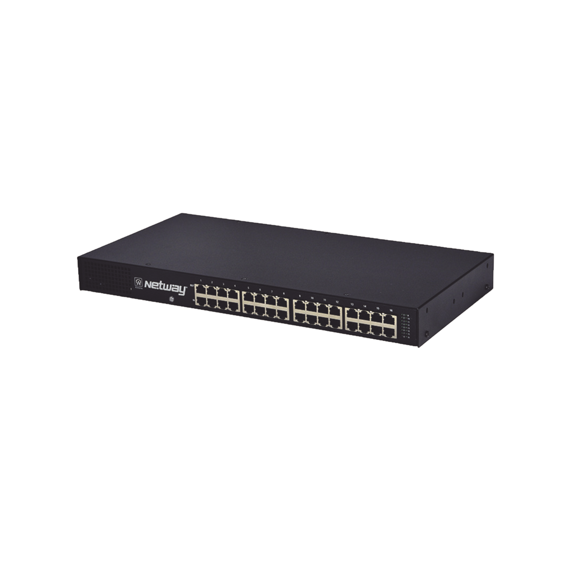 Midspan de 16 puertos, montaje en rack de 19". Ofrece alimentación PoE a los dispositivos alcanzando distancias de hasta 600m.