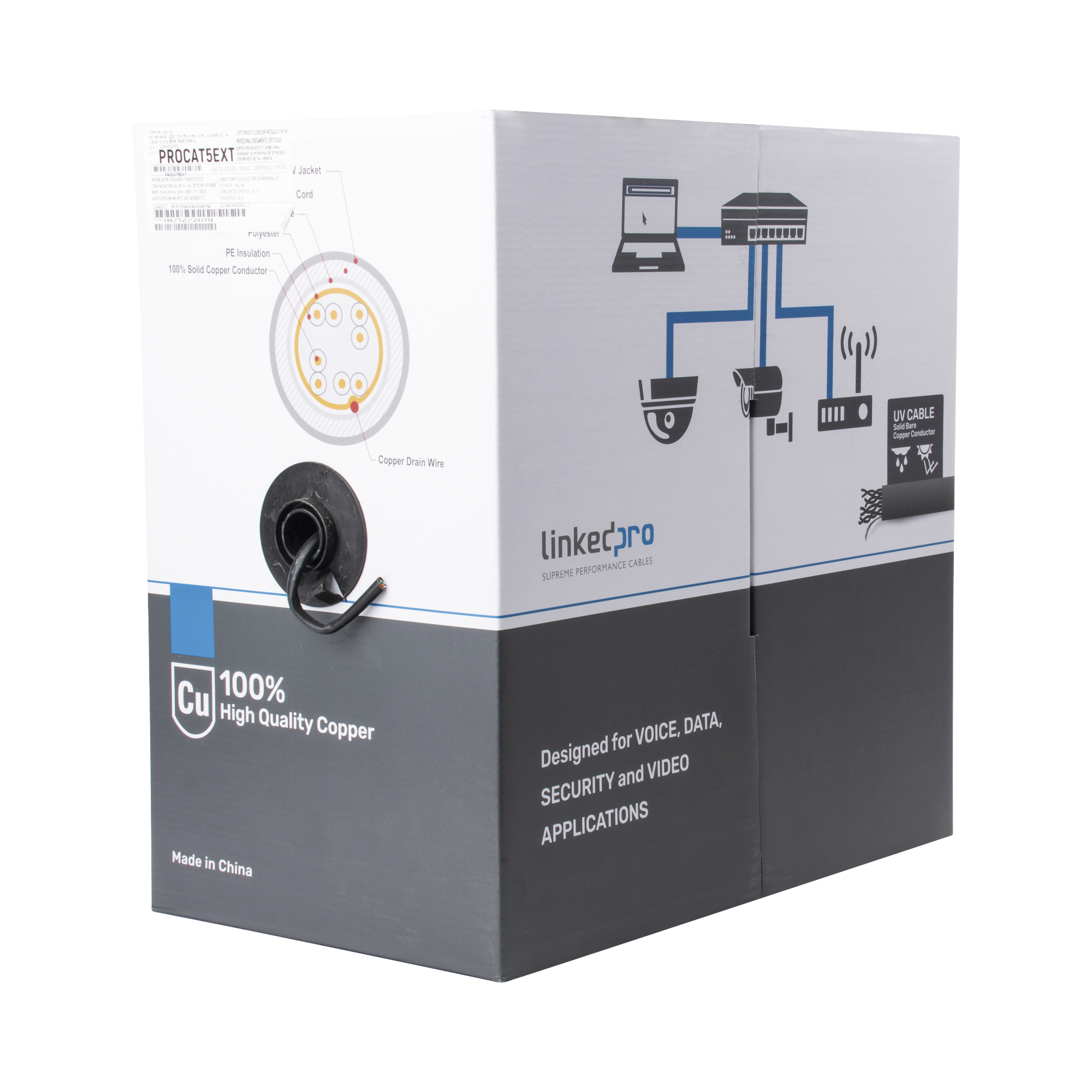 Bobina de cable de 305 m, Cat5e , FTP, blindado, color negro, UL, para aplicaciones en CCTV, redes de datos. Uso en Intemperie