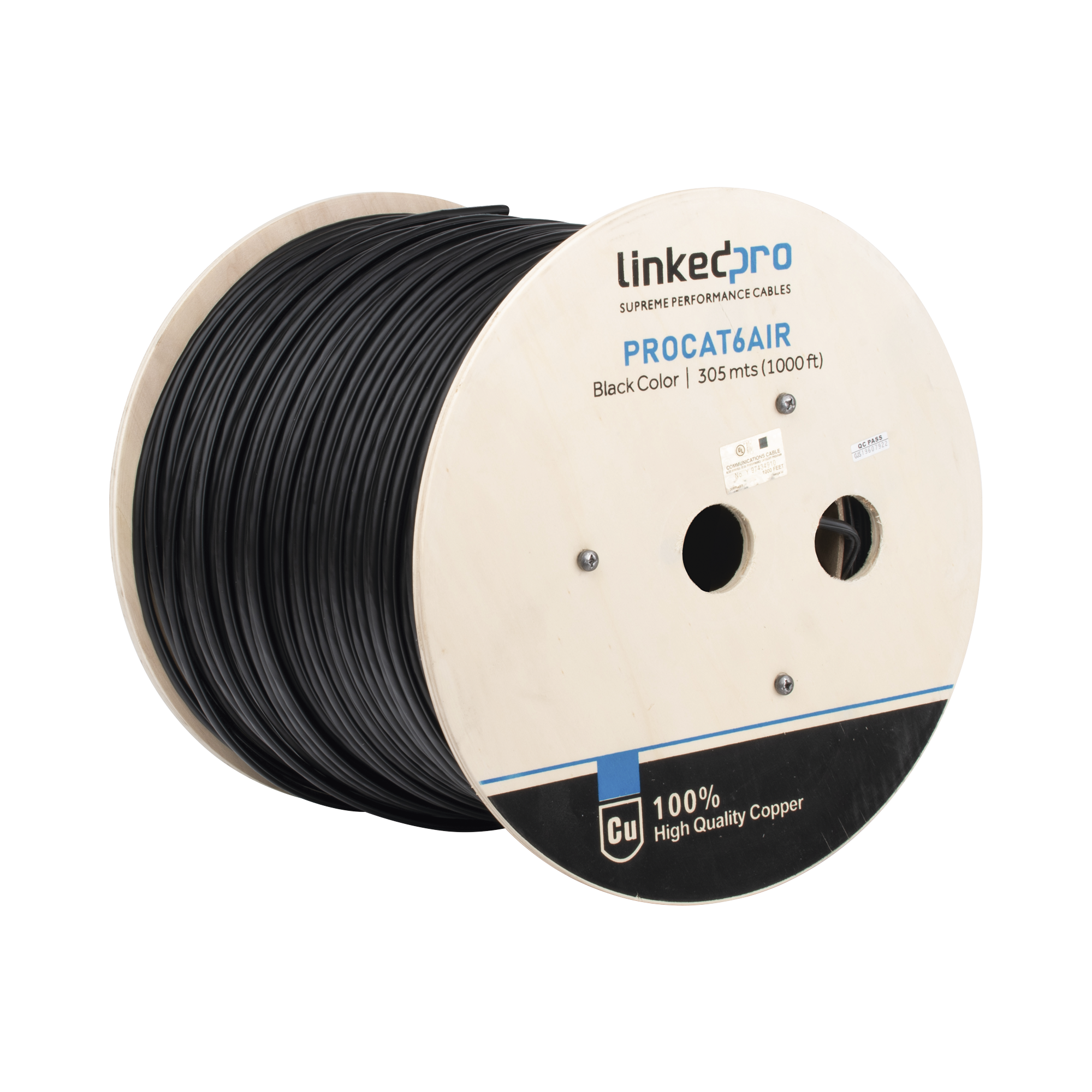 Bobina de cable FTP con Mensajero de Acero de 305 m Cat6+ CALIBRE 23, color negro, para aplicaciones en CCTV y redes de datos / Uso en Intemperie y aplicaciones Aéreas