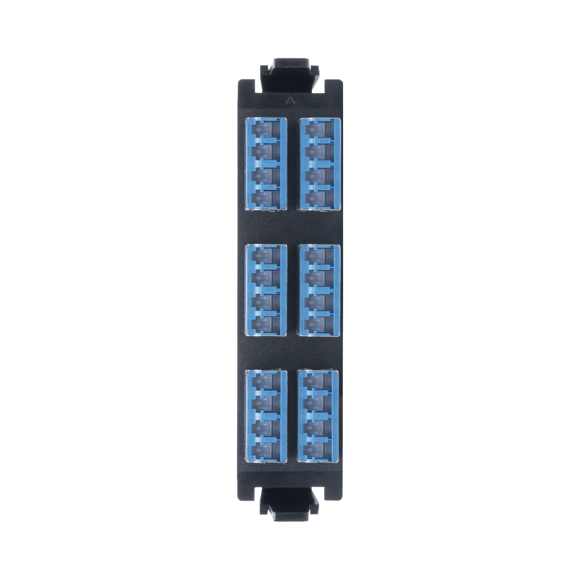 Placa acopladora de Fibra Óptica Quick-Pack, Con 6 Conectores LC/UPC con conectores “Shuttered”  Quad (24 Fibras), Para Fibra Monomodo, Azul, incluye tapas cubre polvo abatibles integradas por cada conector.