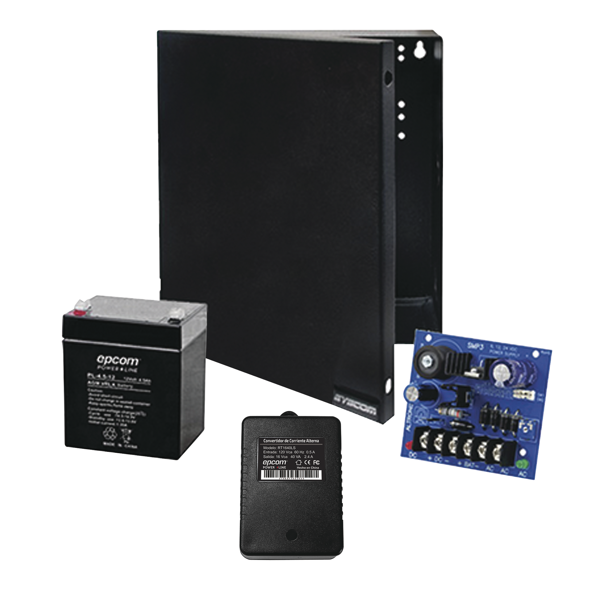 Kit con fuente ALTRONIX con salida de 12 Vcd a 2.5 Amper, incluye transformador y batería de 4.5 Amper