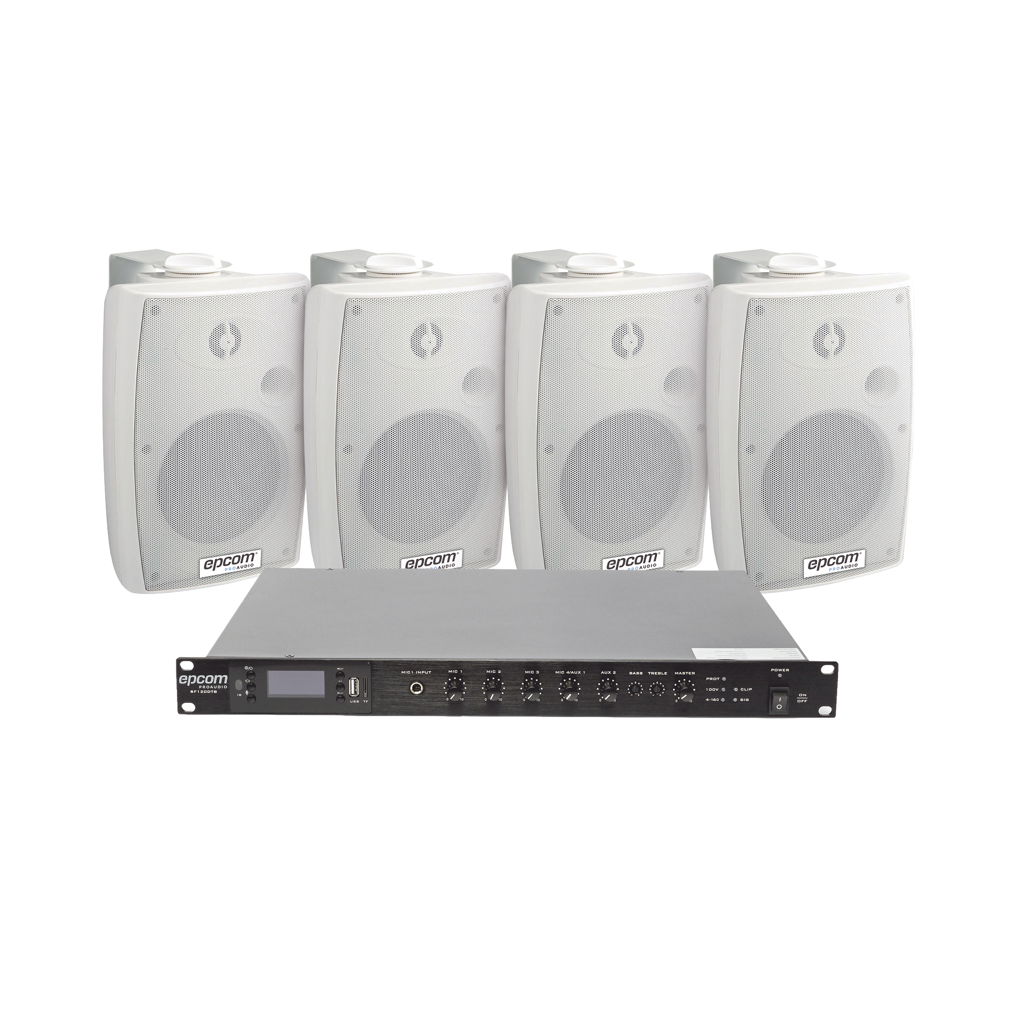 KIT de Amplificador de 120W para Rack | 4 Altavoces de Pared color Blanco 2.5W - 20W | Sistema 70/100V