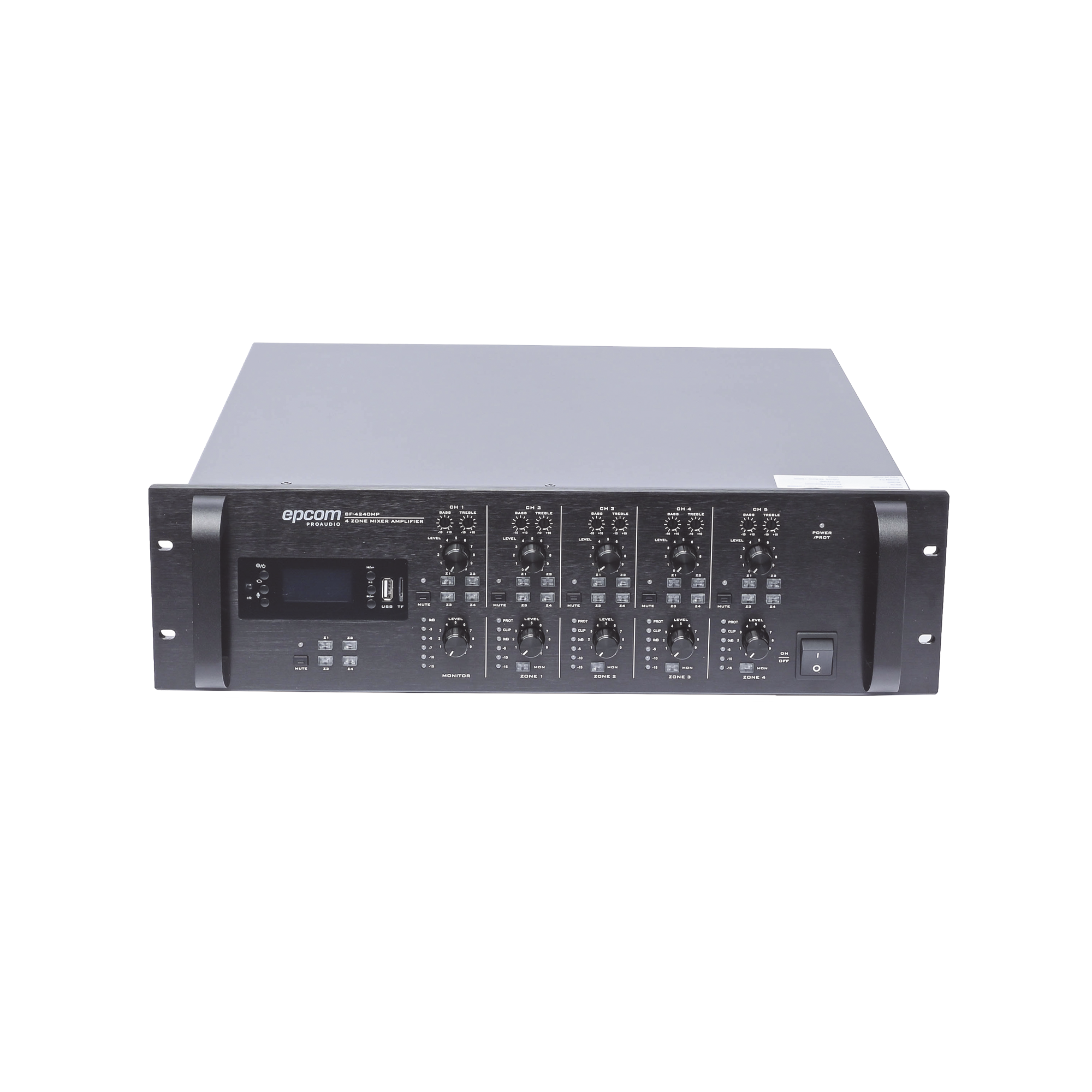Mezclador Amplificador - 4 zonas de 240W RMS | 4 Canales | 5 Entradas | MP3 Tuner USB/SD | 1 Entrada de Micrófono