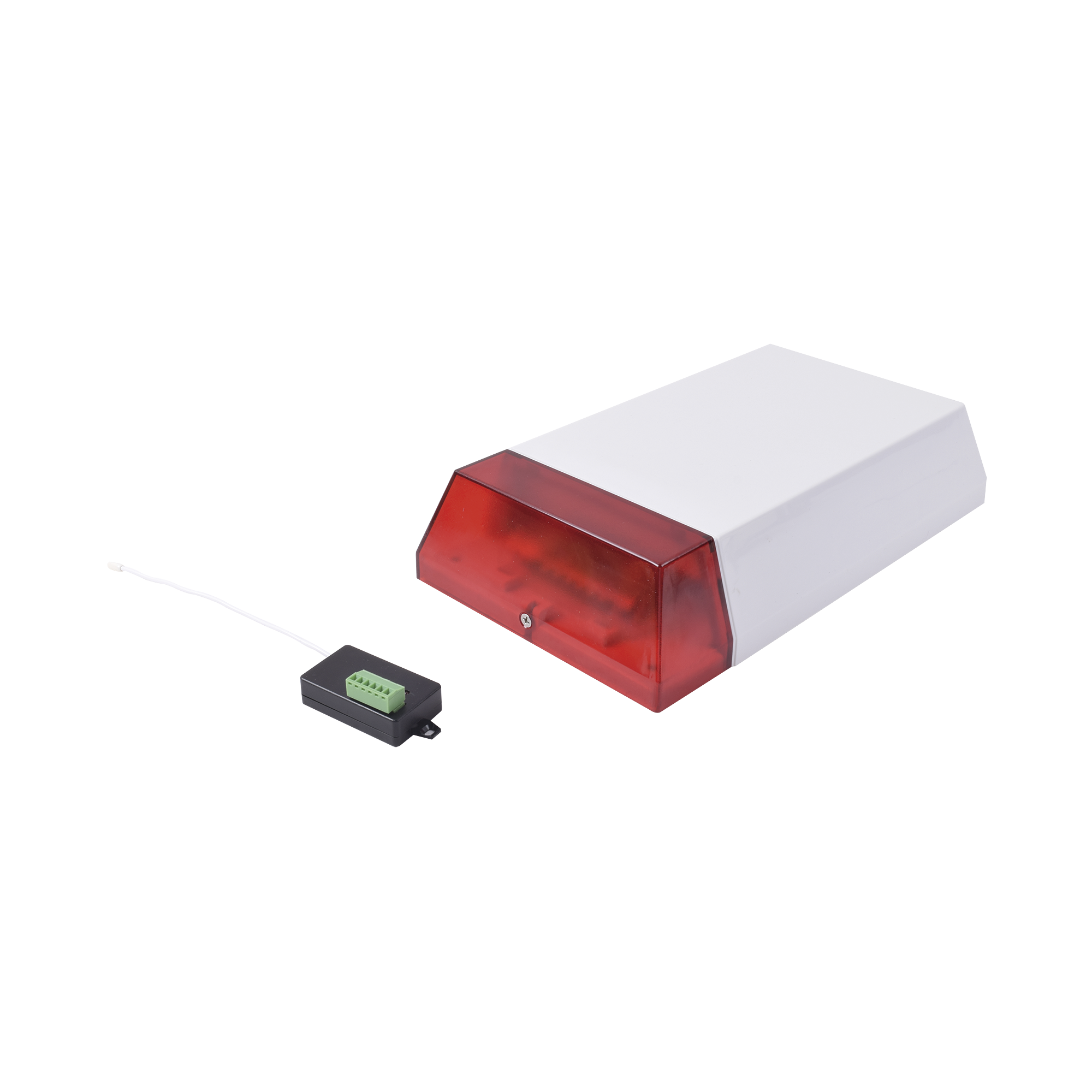 Sirena inalámbrica / Exterior o Interior / Alimentación a batería / Duración de 2 años*/ Con transmisor universal / Compatible con Honeywell, Pima, Crow, DSC, etc