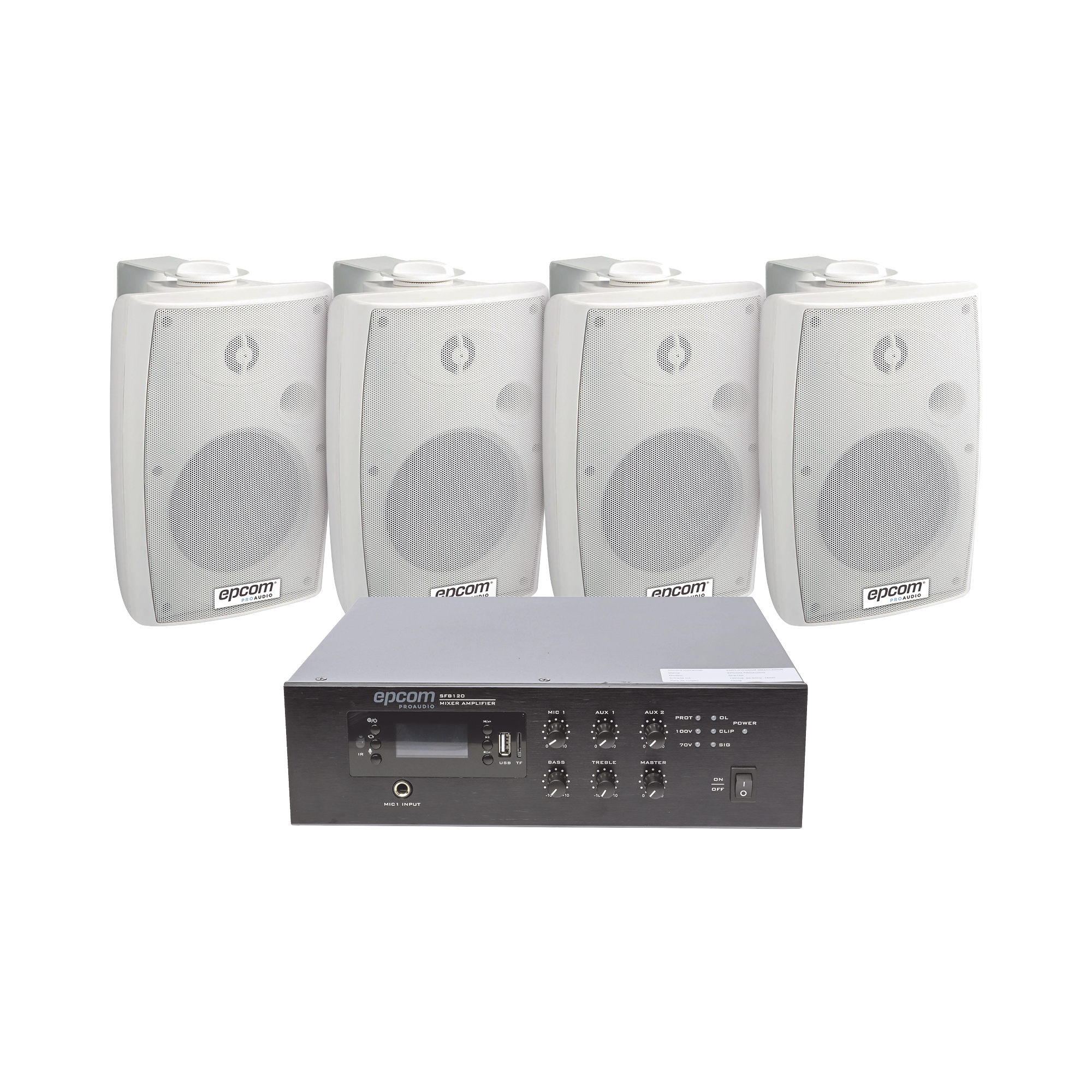 KIT de Amplificador de 120W para Escritorio | 4 Altavoces de Pared color Blanco 2.5W - 20W | Sistema 70/100V