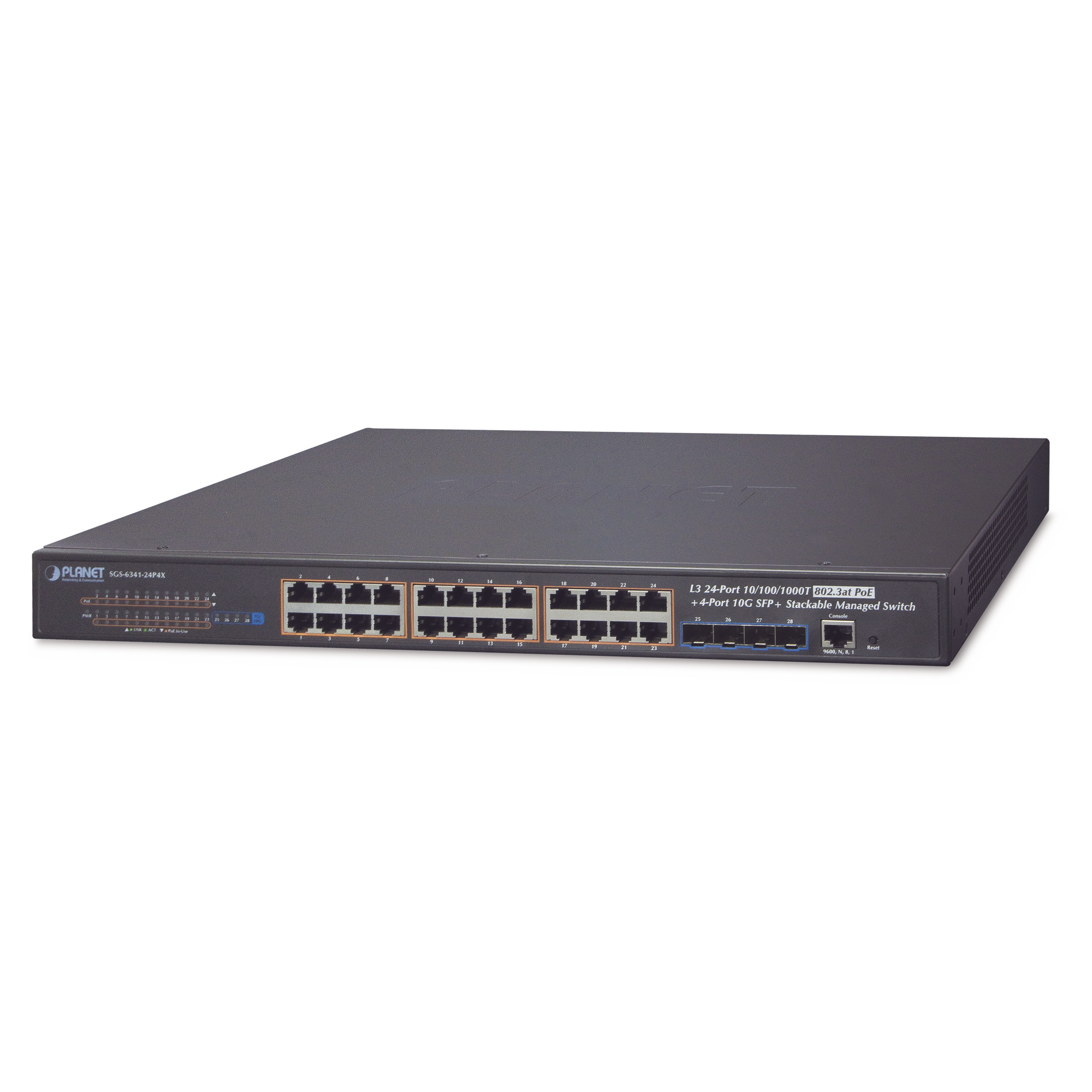 Switch Administrable L3 Stacking 10/100/1000T 24 puertos PoE802.3at, 4 puertos 10G SFP+ 370 W