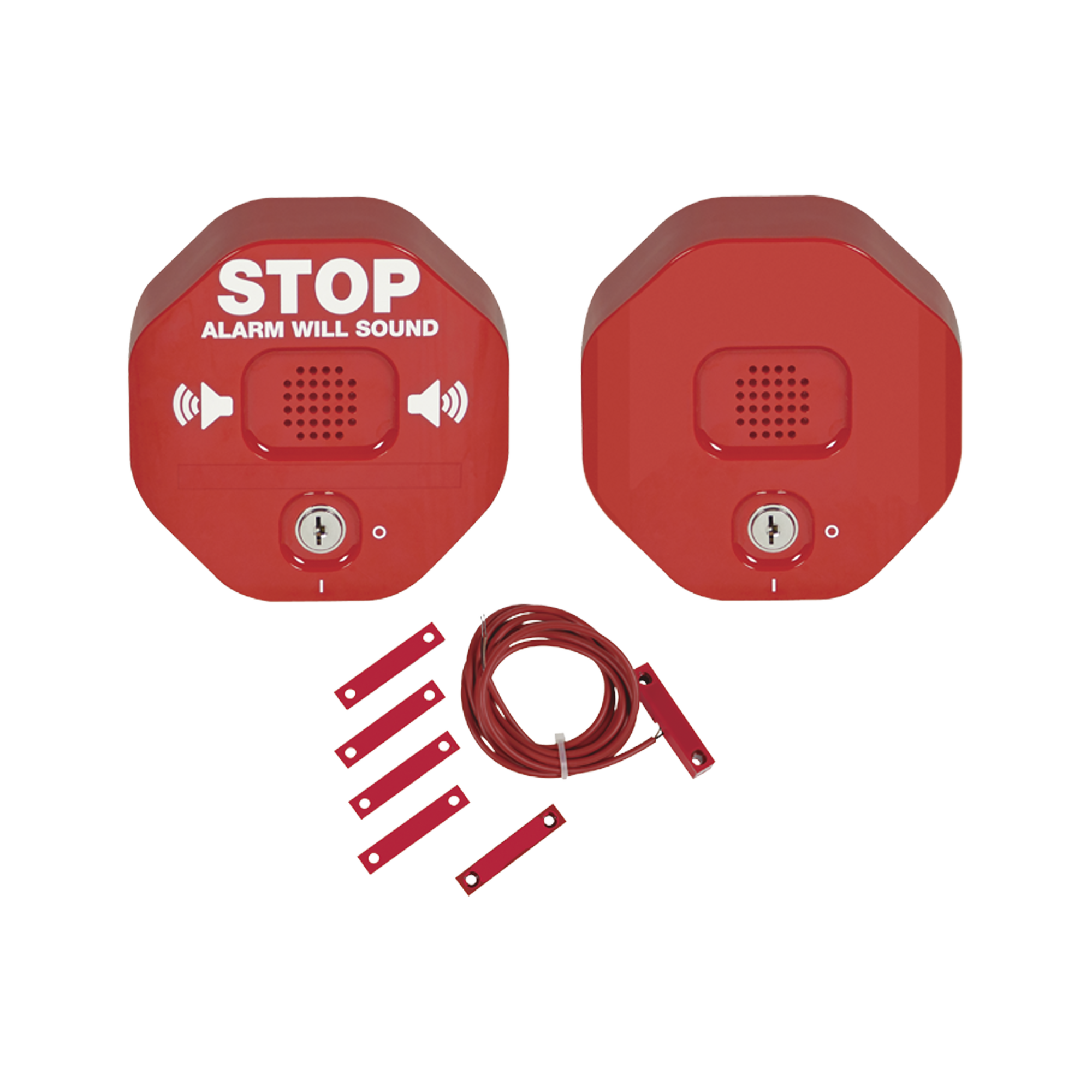 Anunciador Audible para Salida de Emergencia de Doble Hoja con Sirena Remota, Color Rojo y Texto en Inglés