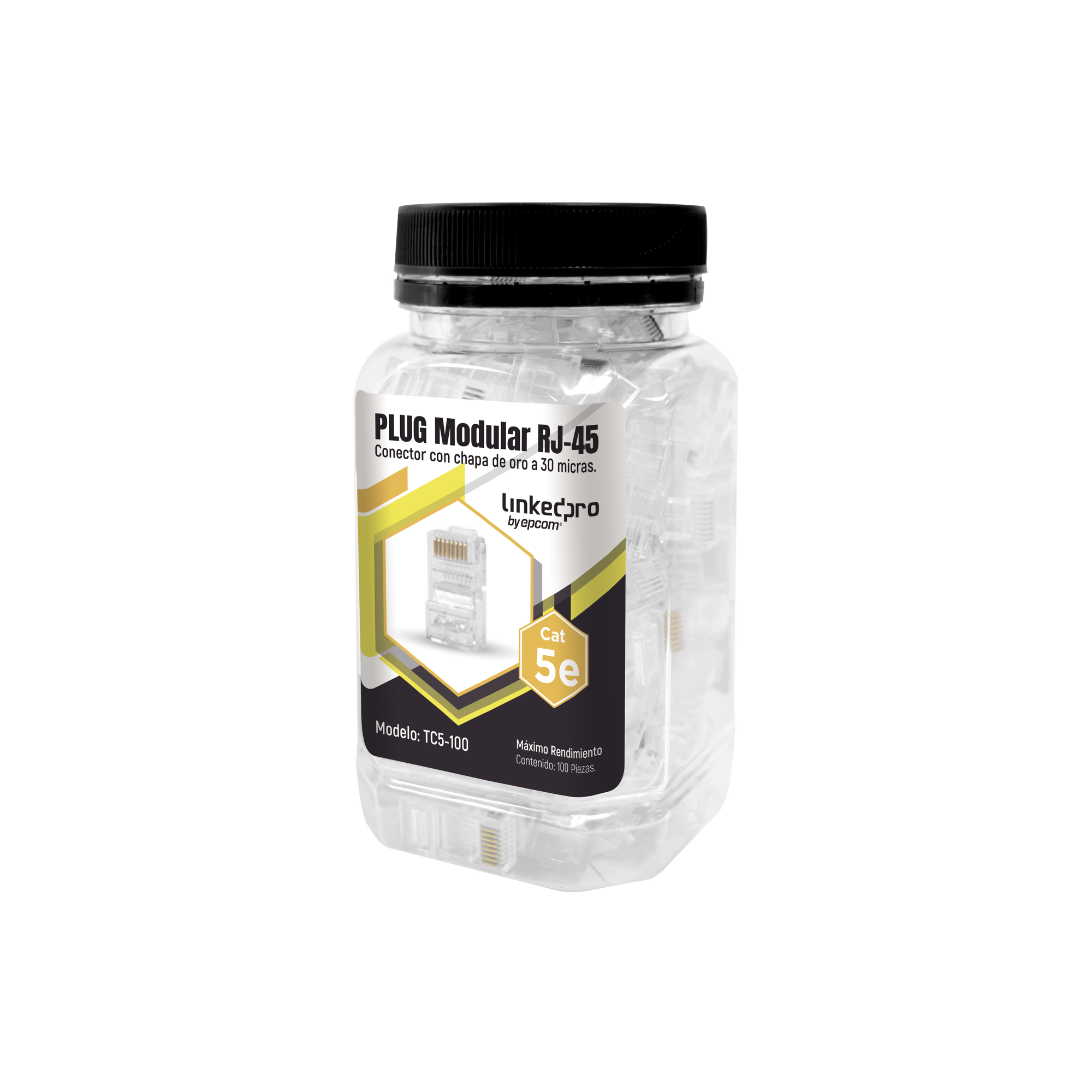 Bote con 100 Piezas de Plug Modular RJ45 Cat5e sin blindaje, chapado de oro a 30 micras para durabilidad extrema