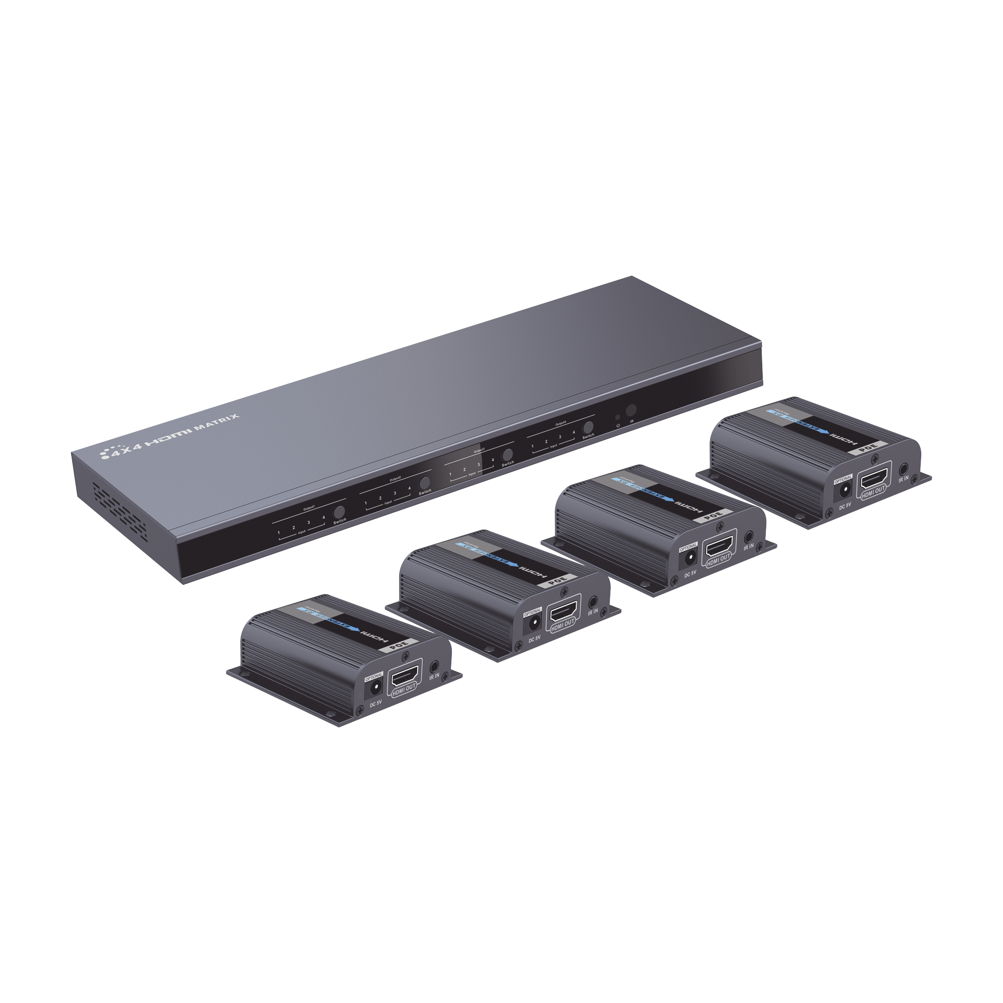 MATRICIAL Y EXTENSOR DE VIDEO HDMI 4 x 4 / 4 Entradas HDMI / 4 Salidas HDMI Loop / 4 Salidas RJ45 para Extender la señal 40 metros por salida  /  1080 @ 60Hz / Conmutación por RS232, Control Remoto o Ethernet.