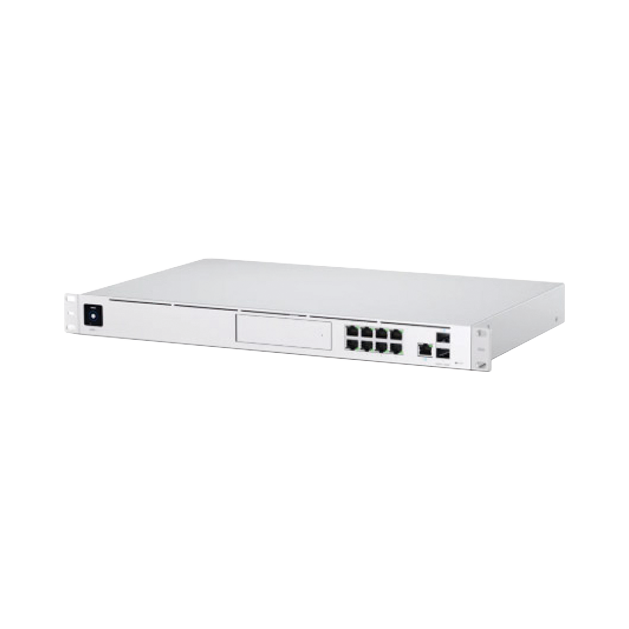 UniFi Dream Machine Pro, con un puerto 10G SFP+ WAN / 1 GbE WAN / 8 puertos 10/100/1000 Mbps RJ-45 LAN, y una bahía de HDD 3.5", integra todos los controladores UniFi