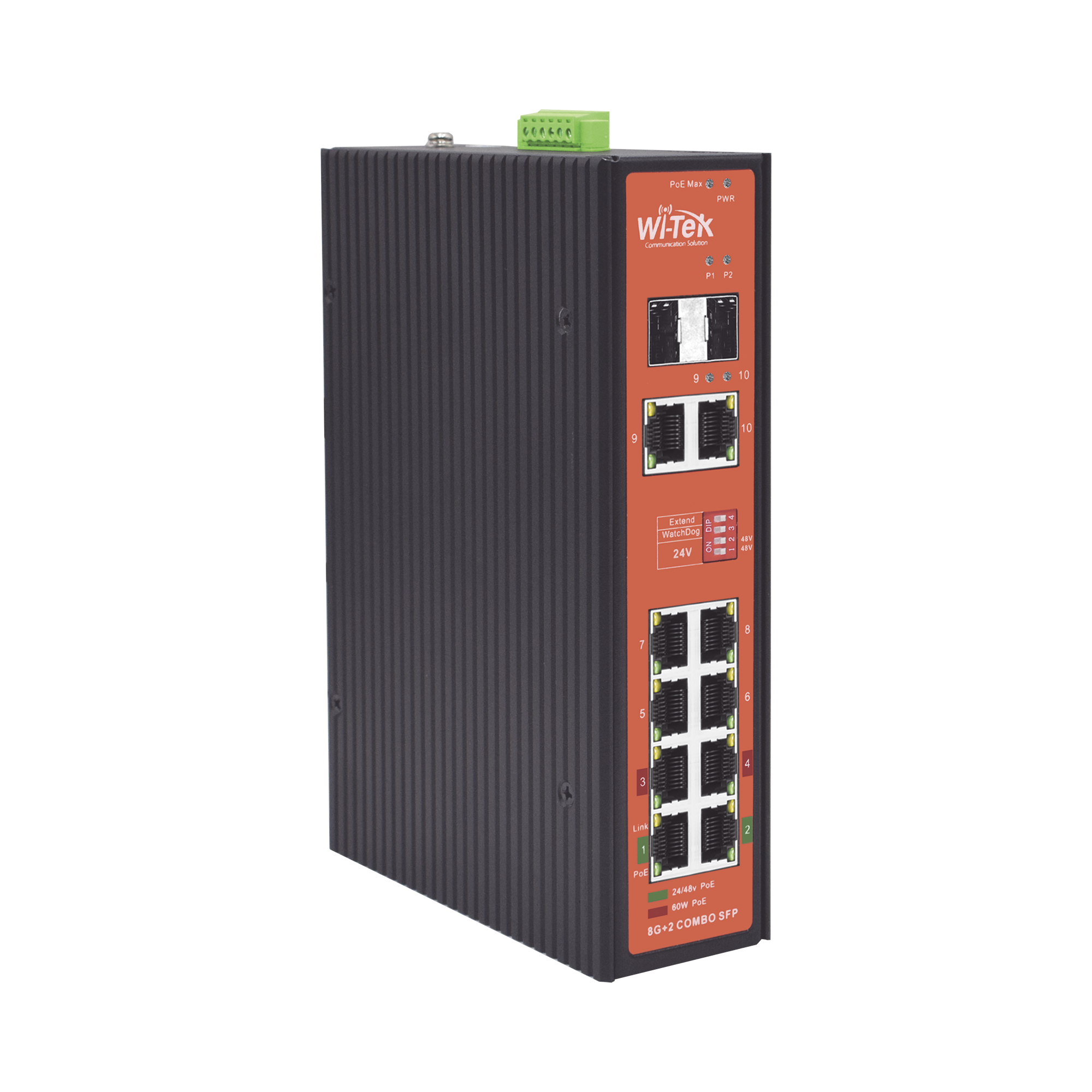 Switch Industrial PoE++ y pasivo de 24V, no administrable con 8 puertos Gigabit + 2 SFP combo