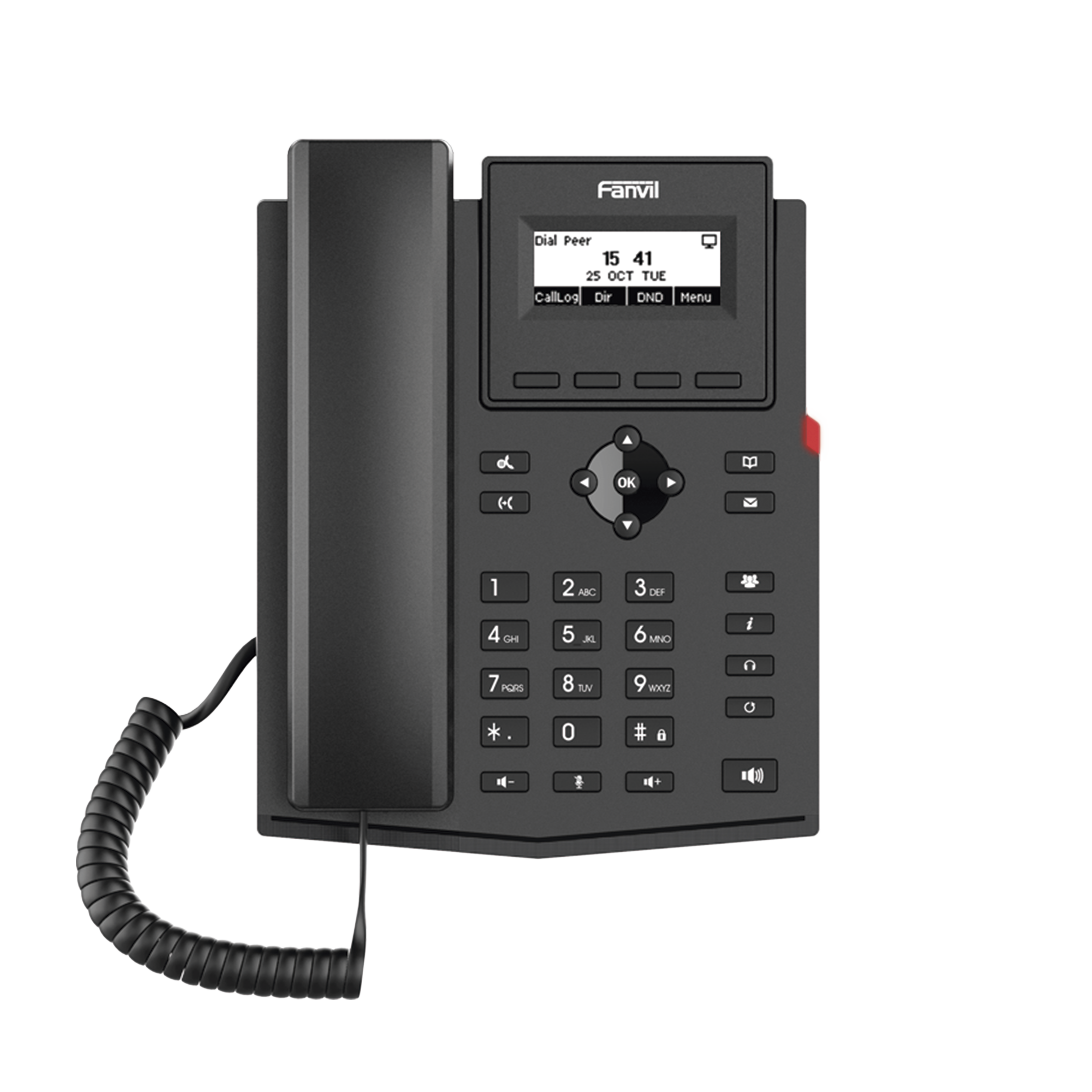 Teléfono IP empresarial para 2 lineas SIP con pantalla LCD, Puertos Gigabit, Códec Opus, conferencia de 3 vías, PoE.