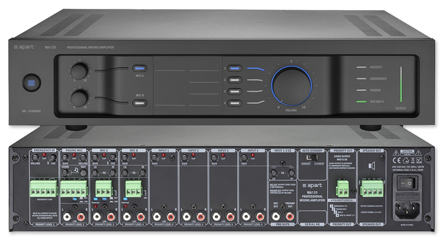 BIAMP MA120 Amplificador Mezclador de 120W línea 70-100V de 120W y 120W8Ω. mono3 entradas de micrófono/línea4 entradas de línea estéreoAUDIO COMERCIAL
