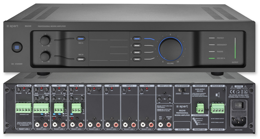 BIAMP MA240 Mezclador Amplificador de 240W línea 70-100V de 240W y 240W8Ω. mono3 entradas de micrófono/línea4 entradas de línea estéreoAUDIO COMERCIAL