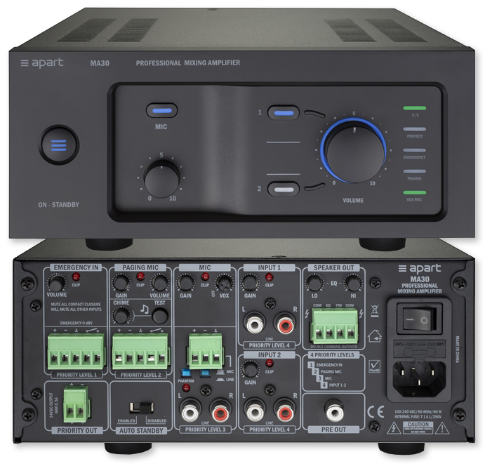 BIAMP MA30 Mezclador Amplificador de 30W línea 70-100V de 30W y 30W8Ω. mono1 entrada de micrófono-línea.2 entradas de línea estéreo.AUDIO COMERCIAL