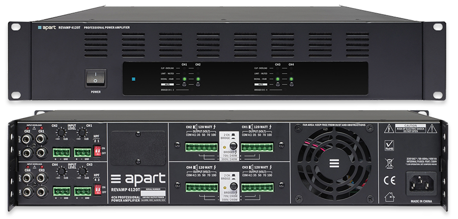 BIAMP REVAMP4120T Amplificador clase D 4 canales 100/70V 4 x120W/ 4 x60W a 8Ω/ 4 x120W a 4ΩBridge 2 x240W a 8Ω/ 2 x240W 100V/70VSin cable interlock