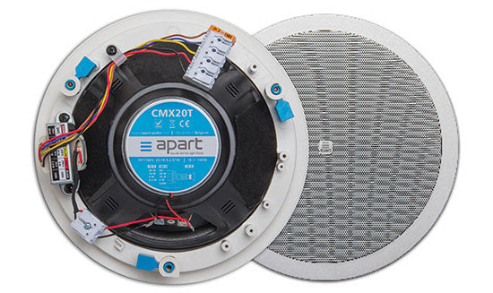 BIAMP CMX20T Altavoz de techo sin bote de 8 " dos vías.Línea 70-100V de 20W, 10W y 5W, @ 16Ω 100WIP54. Color blanco con logotipo extraíble.Par.