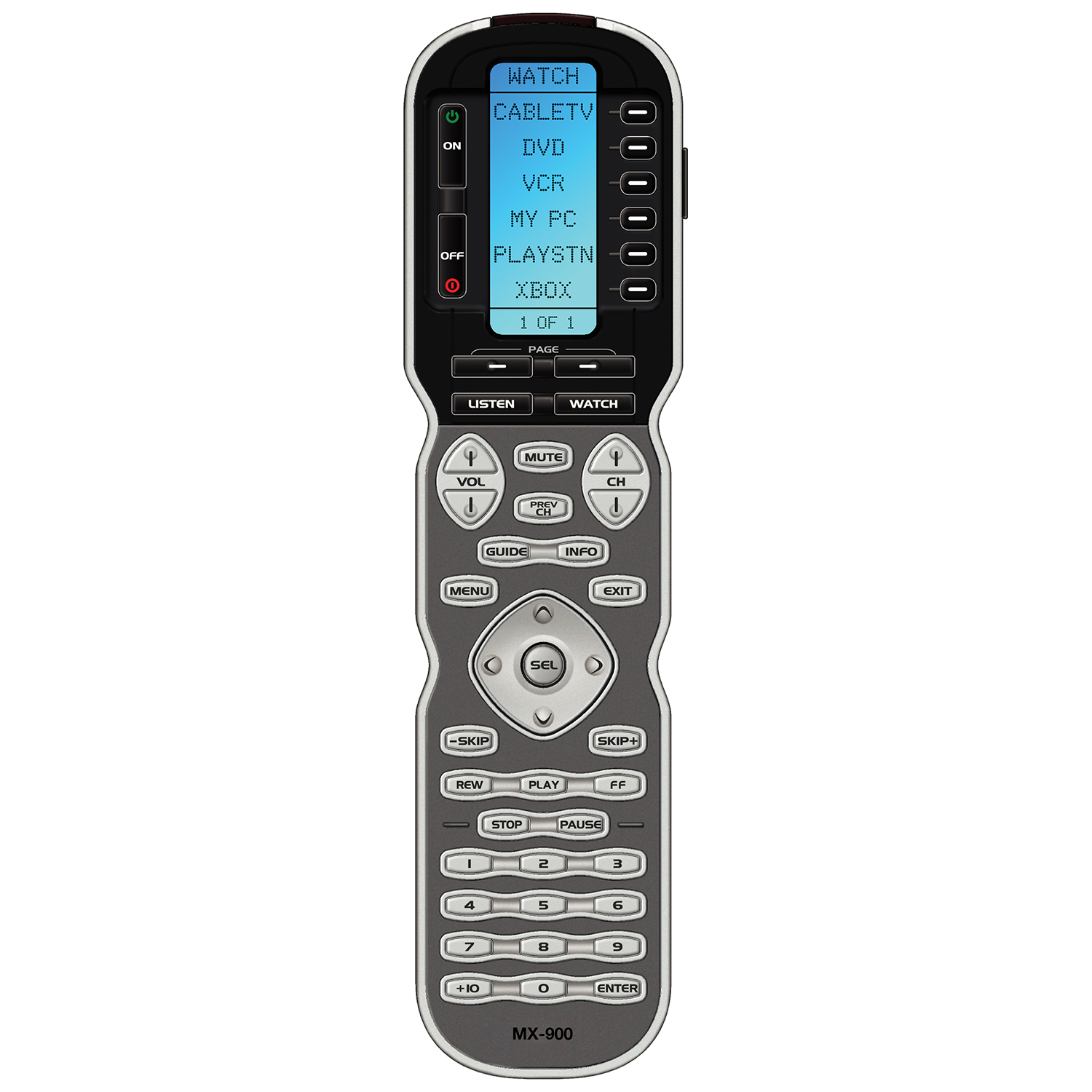 URC MX-900 Control remoto universal programable, pantalla LCD fácil de leer. Controla todo sin el desorden de múltiples controles remotos, 418MHz