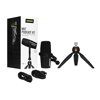 SHURE MV7-K-BNDL Micrófono para podcast, Kit Incluye micrófono de podcast MV7 y trípode Manfrotto PIXI. Conexión USB y XLR, Filtro pop incorporado