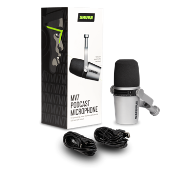 SHURE MV7-S Micrófono de podcast, Sonido legendario en formato USB Conexión USB/XLR, Filtro pop incorporado. Conector 3.5mm monitoreo directo. Plata