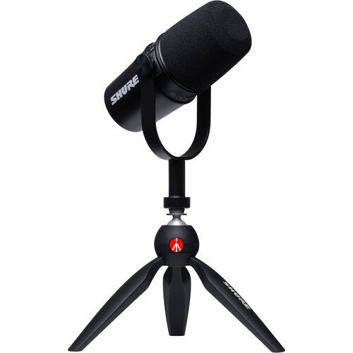 SHURE MV7-K-BNDL Micrófono para podcast, Kit Incluye micrófono de podcast MV7 y trípode Manfrotto PIXI. Conexión USB y XLR, Filtro pop incorporado