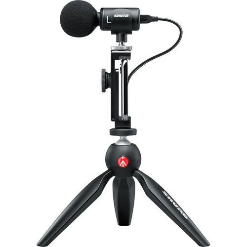 SHURE MOTIV MV88+ Kit de video Micrófono estéreo digital y trípode Manfrotto accesorios para teléfonos inteligente iOS, Android, Podcasts, vlogs