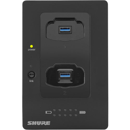SHURE MXWNCS2 Estación de carga en red de 2 puertos permite cargar transmisores bodypack, mano, superficie, con indicadores de estado de carga.