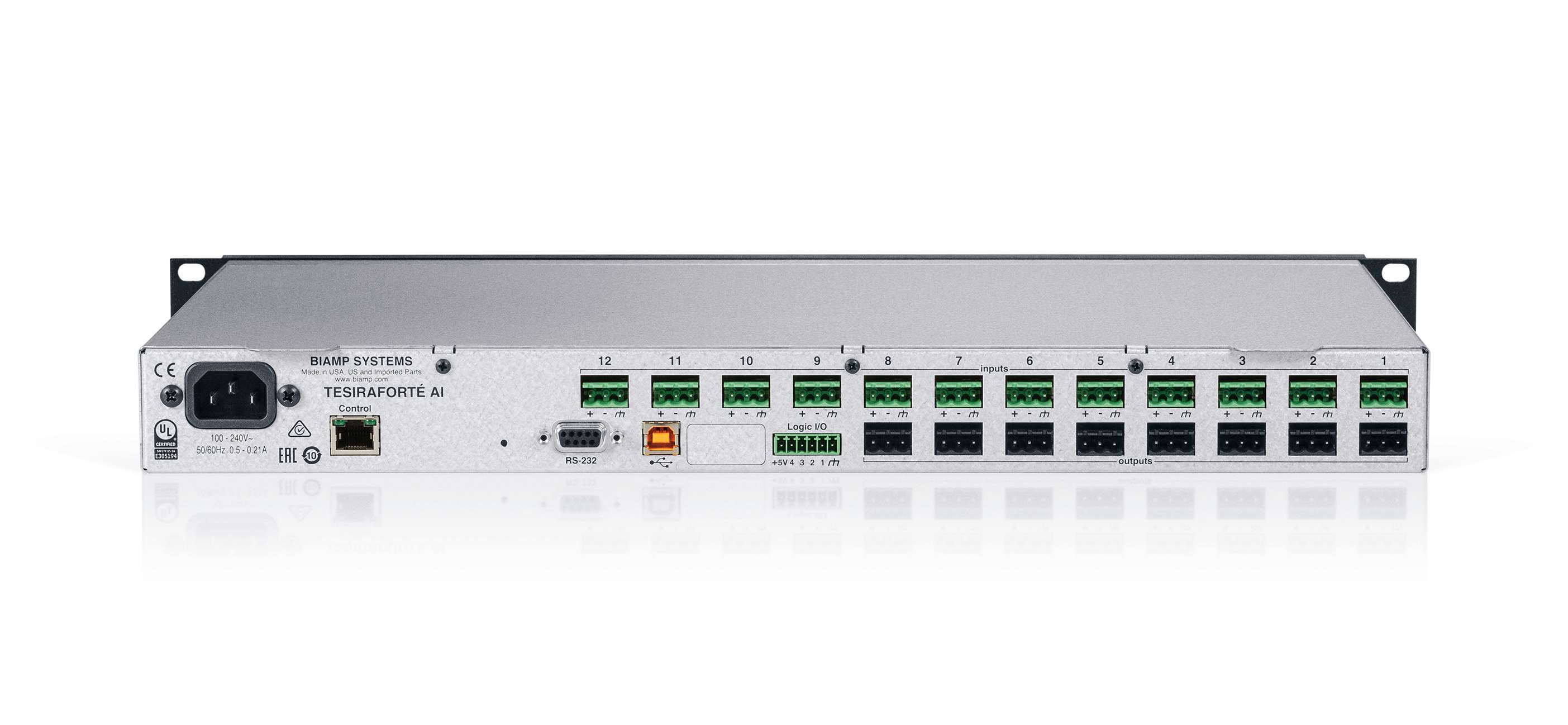 BIAMP TesiraFORTE AI Procesador de audio 12 entradas 8 salidas análogas, 8 canales de audio USB configurables y 4 conexiones GPIO.