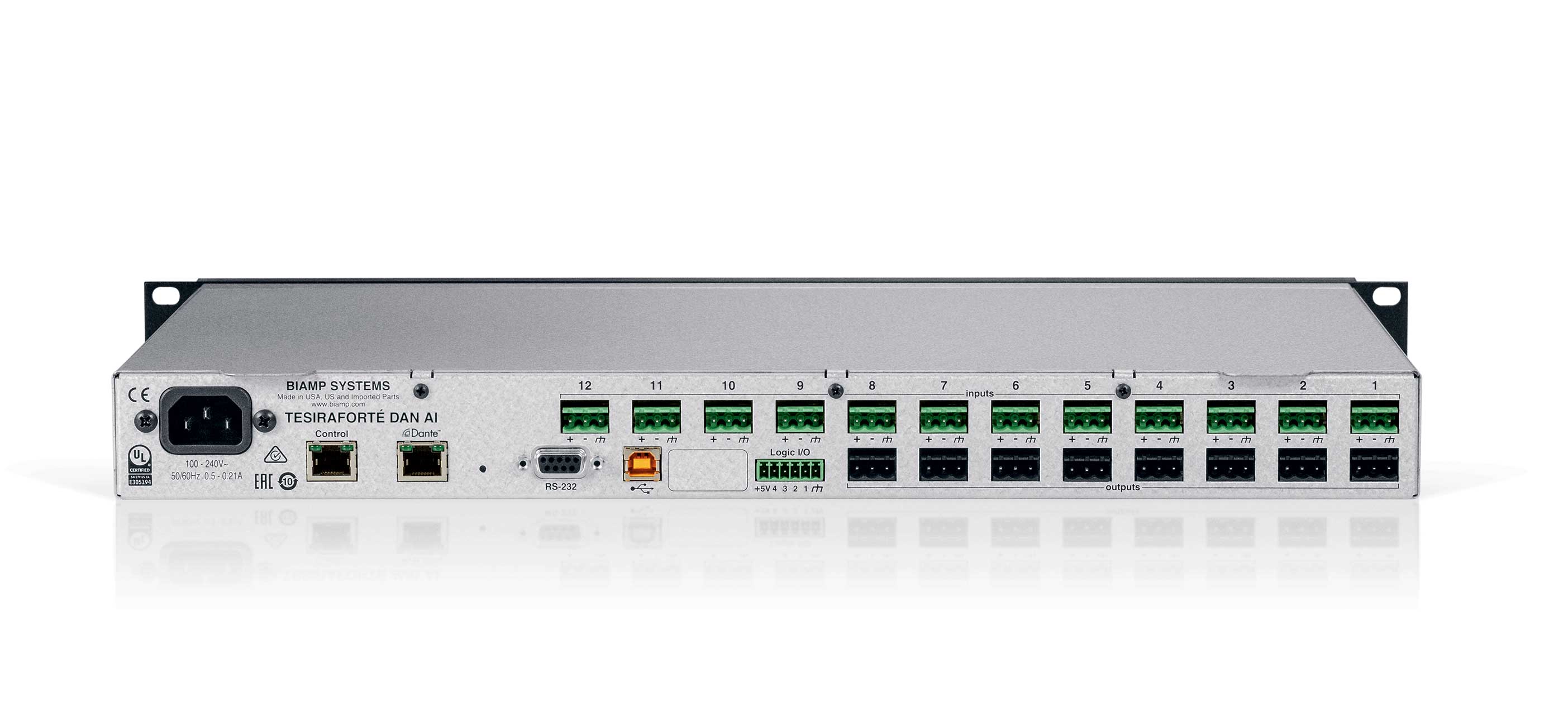 BIAMP TesiraFORTE DAN AI Procesador de audio 12 entradas 8 salidas análogas, 8 canales de audio USB, 4 conexiones GPIO y 32 x 32 canales de Dante™