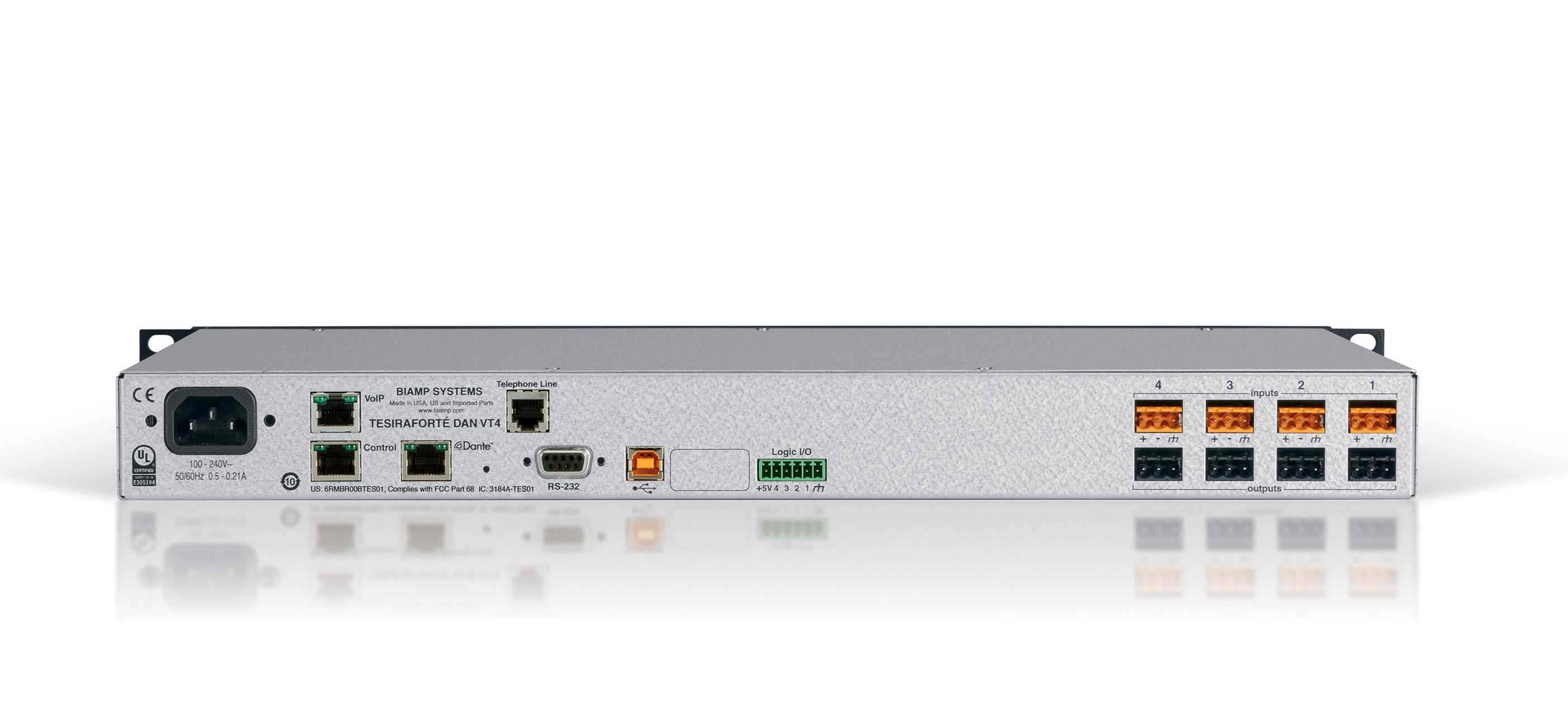 BIAMP TesiraFORTE DAN VT4 Procesador de audio 4 entradas 4 salidas análogas, (AEC) 8 canales de audio USB, 4 conexiones GPIO,  32 x 32 canales Dante