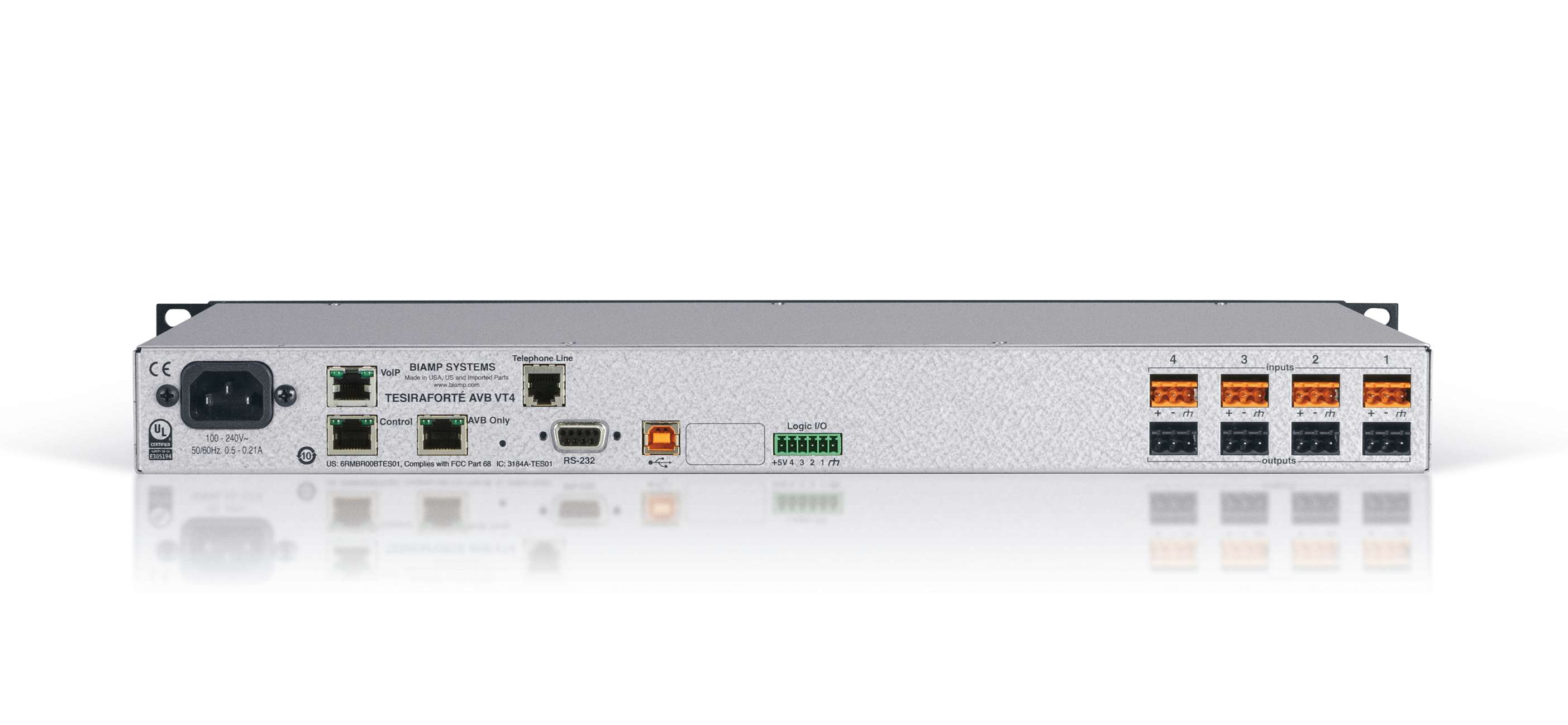 BIAMP TesiraFORTE AVB VT4 Procesador de audio 4 entradas 4 salidas análogas, Acoustic Echo Cancellation (AEC) 8 canales de audio USB, 2 VoIP, 1 FXO.