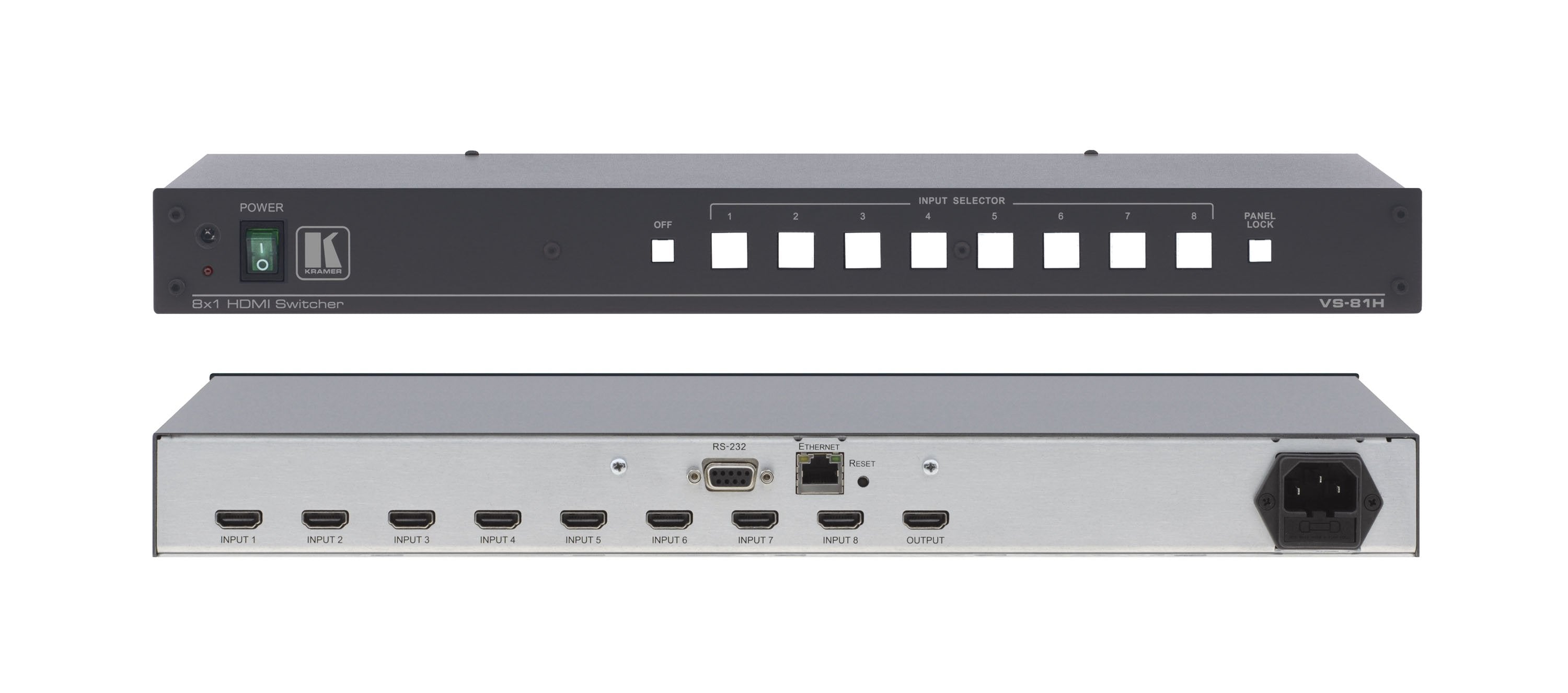 Kramer VS-81H Switcher Selector de HDMI 8X1 Máx. Tasa de Datos — 6.75Gbps (2.25Gbps por canal gráfico) Cumple HDCP, Control RS232, Ethernet e IR