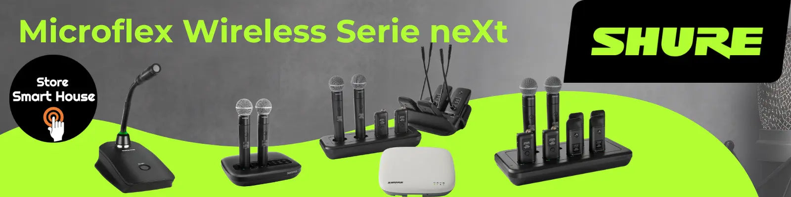 Ecosistema Shure Microflex Wireless neXt con micrófonos inalámbricos y bases de carga para salas de juntas.