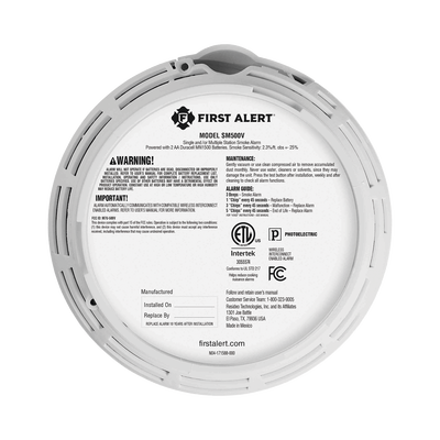 Alarma de Humo con Interconexión Inalámbrica / Advertencia de Voz con Ubicación / Sensor Fotoeléctrico / Baterías AA Reemplazables / 85 dB a 10 pies / Rango de Temperatura 4.4°C a 37.8°C / Cumple UL217