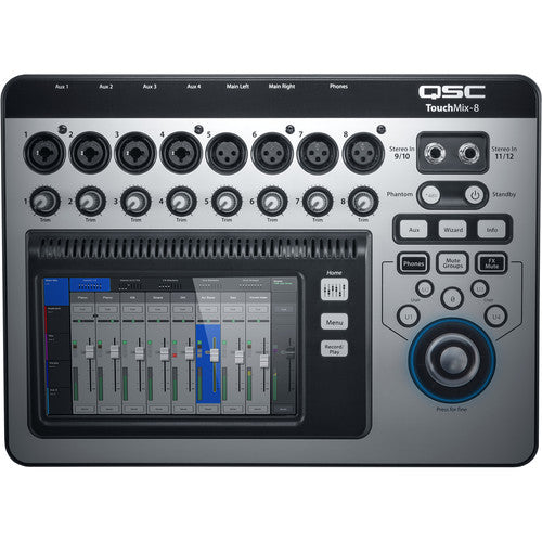 QSC TouchMix-8 Mezclador digital compacto con pantalla táctil, 14 Entradas totales, 6 Salidas, Control inalámbrico mediante aplicación para iPad, Procesamiento DSP, Grabación multipista, Adaptador USB Wi-Fi incluido