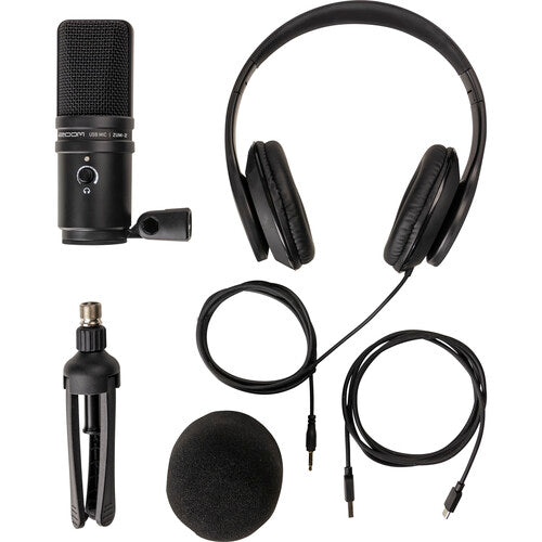 ZOOM ZUM-2 Podcast Mic Pack le ofrece todo lo que necesita para grabar y transmitir, Paquete de micrófono para podcast con micrófono ZUM-2, auriculares, soporte de escritorio, cable y protector contra viento