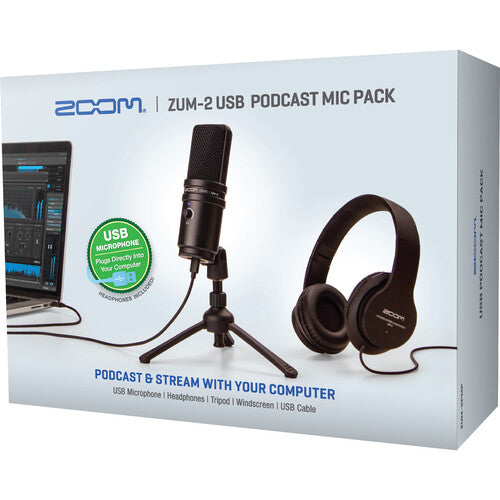 ZOOM ZUM-2 Podcast Mic Pack le ofrece todo lo que necesita para grabar y transmitir, Paquete de micrófono para podcast con micrófono ZUM-2, auriculares, soporte de escritorio, cable y protector contra viento