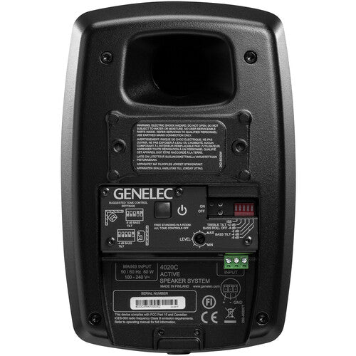 GENELEC 4020CMM Altavoz activo compacto con woofer de 4" y tweeter de ¾", 100W Clase D, respuesta 56 Hz–25 kHz, SPL máx. 100 dB. Entrada Euroblock, compensación de sala, tecnología DCW™ y MDE™, acabado Mystic Black. Ideal para instalaciones exigentes